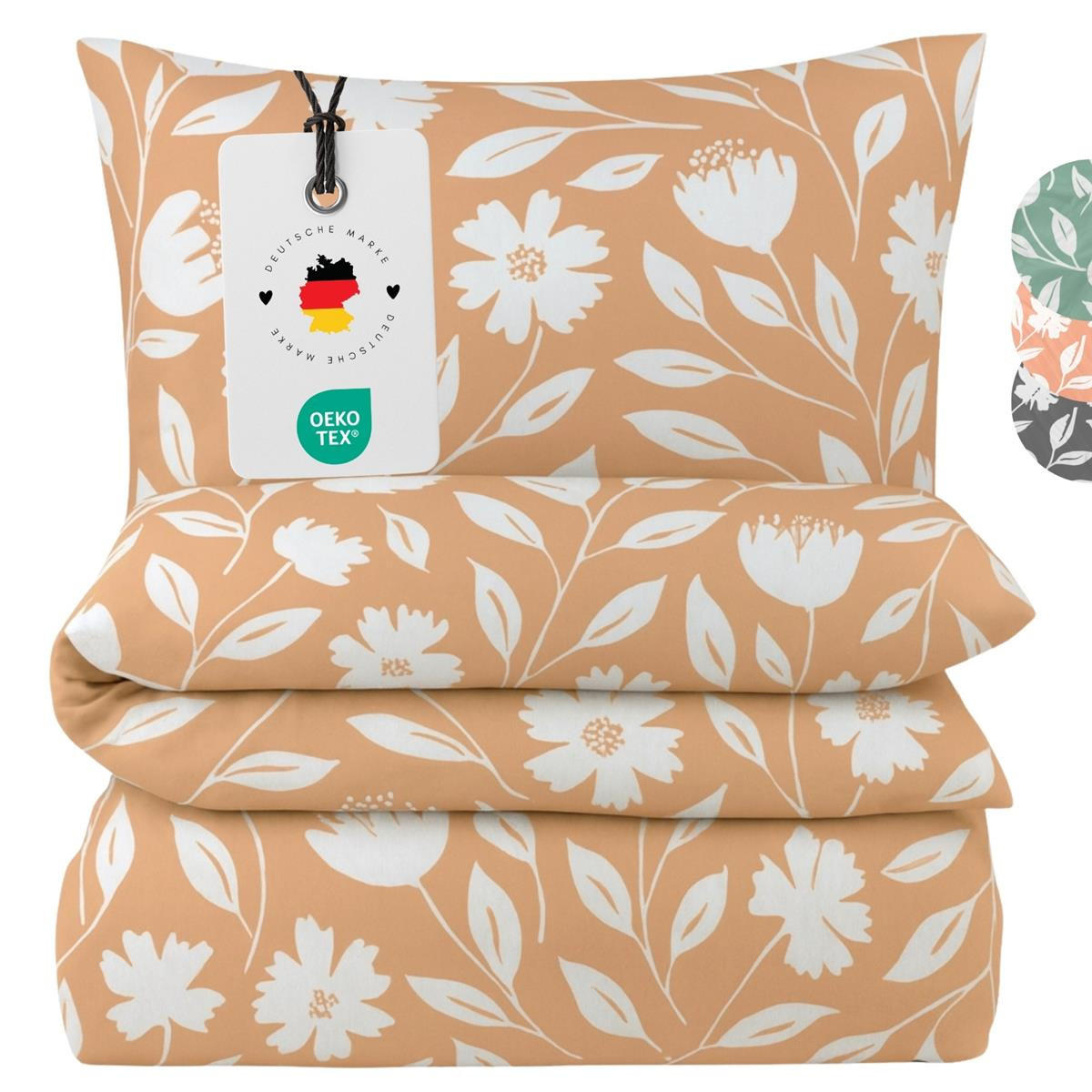 BETTWÄSCHE Mako Perkal 135x200 cm aus 100% Baumwolle mit Reißverschluss, Bettbezug Floral 135 x 200 - Orange - Orange, Textil (135/200cm) - Carpe Sonno