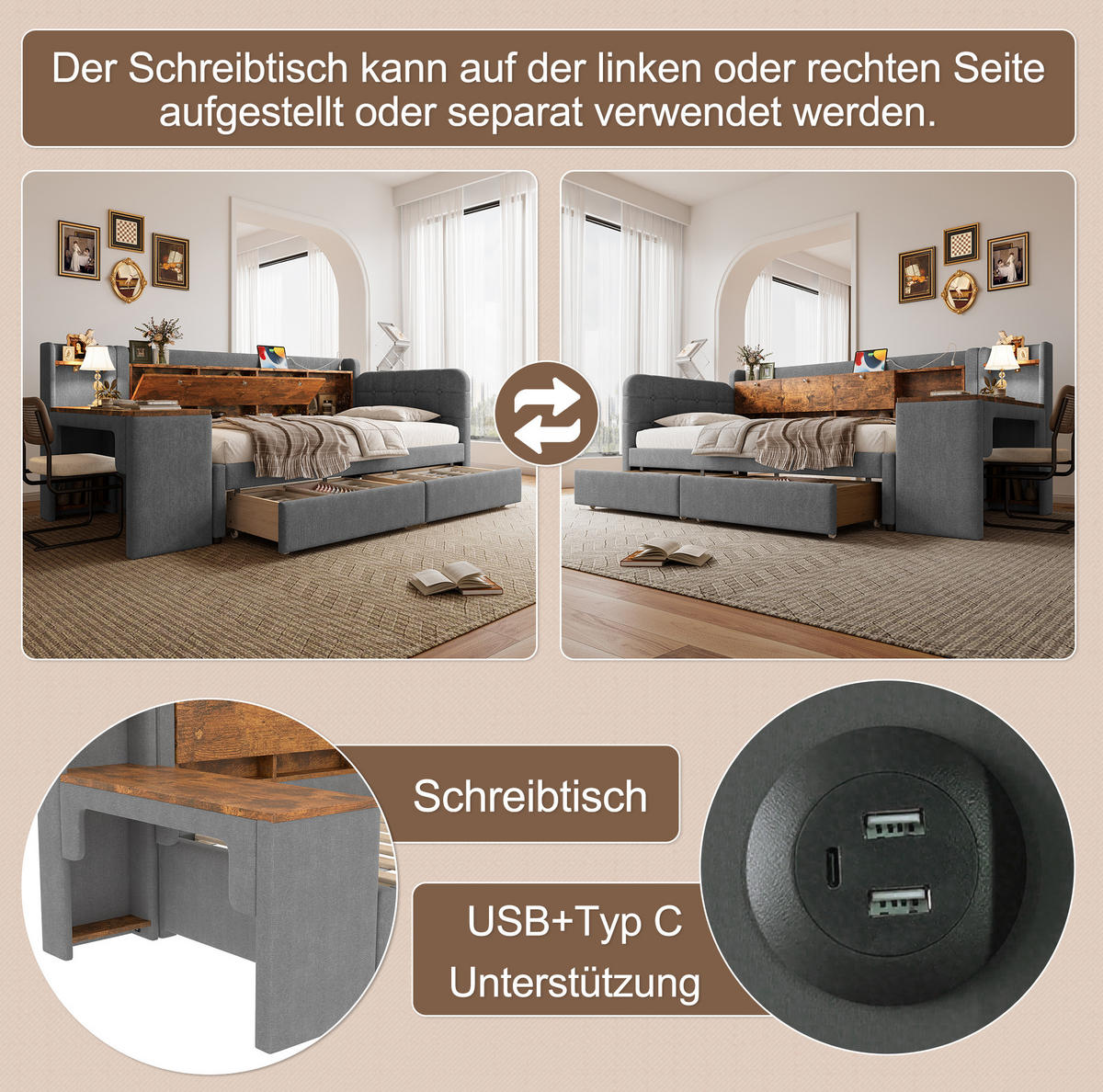 POLSTERBETT 90/200 cm Grau aus Leinen mit Schreibtisch und 2 Schubladen - Grau, Textil (90/200cm) - OKMYHOME