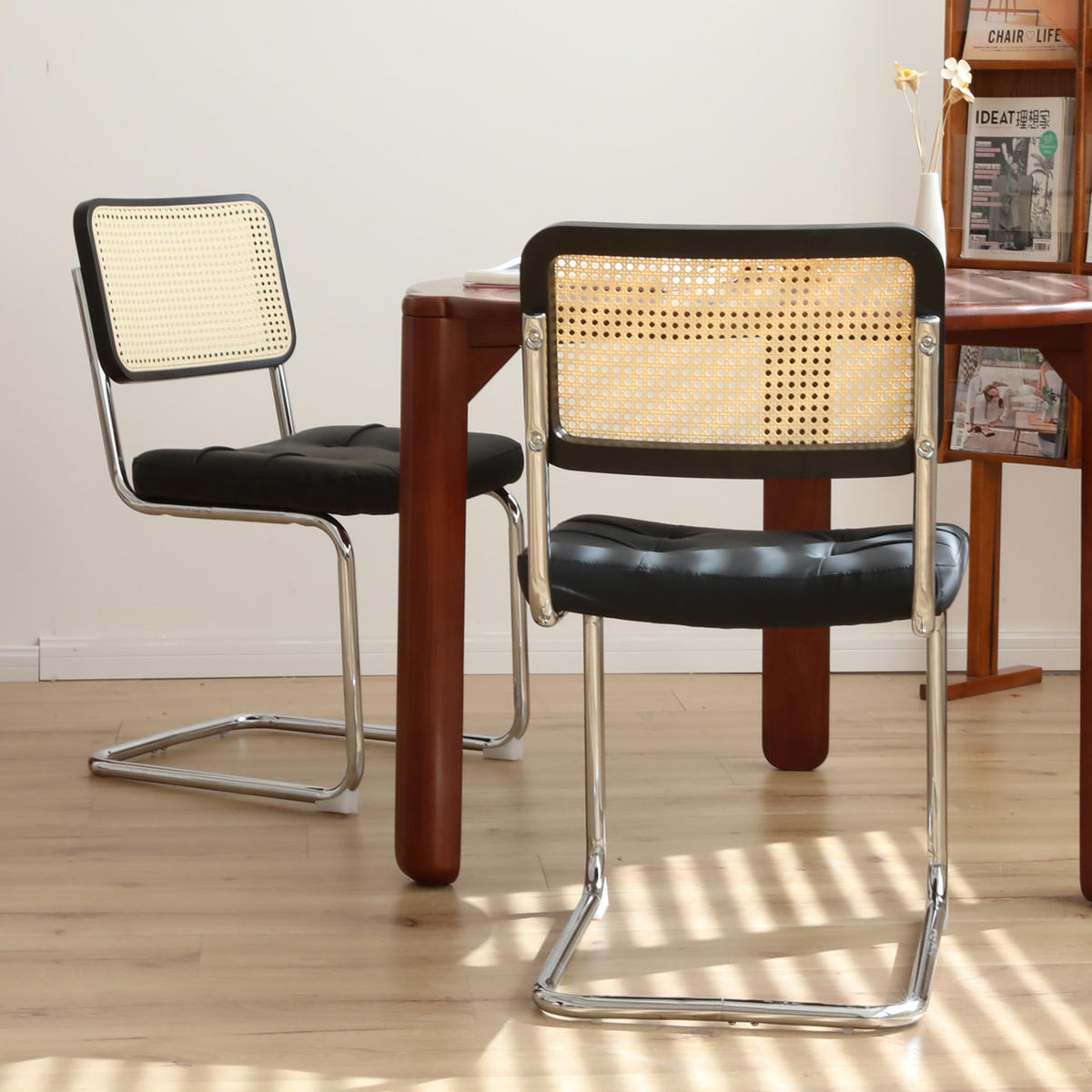 FREISCHWINGER 4er-Set, Braun, Kunstleder, Chromgestell - Schwarz, Textil/Metall (46.4/84.6/53cm)