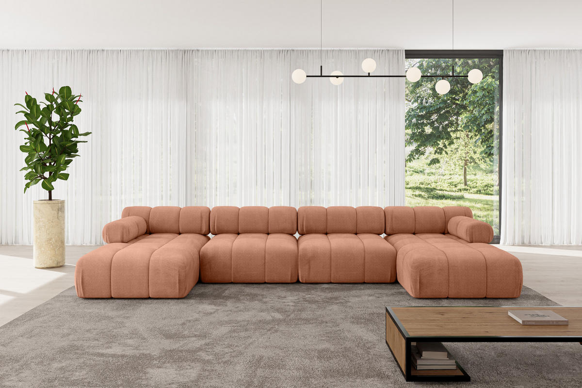 WOHNLANDSCHAFT modulares Sofa Tesso-U2 - 380x160x70 cm Apricot Velours - Koralle, Holzwerkstoff/Textil (380/70/160cm) - ALTDECOR