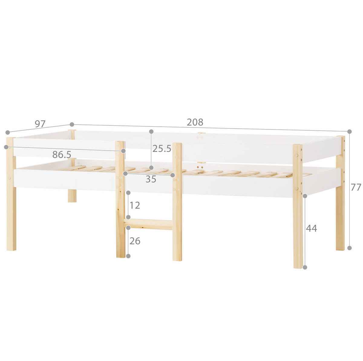 KINDERBETT 90/200 cm halbhoch aus Kiefer massiv mit Rausfallschutz und Leiter - Weiß, Holz (90/200cm) - BEAOK