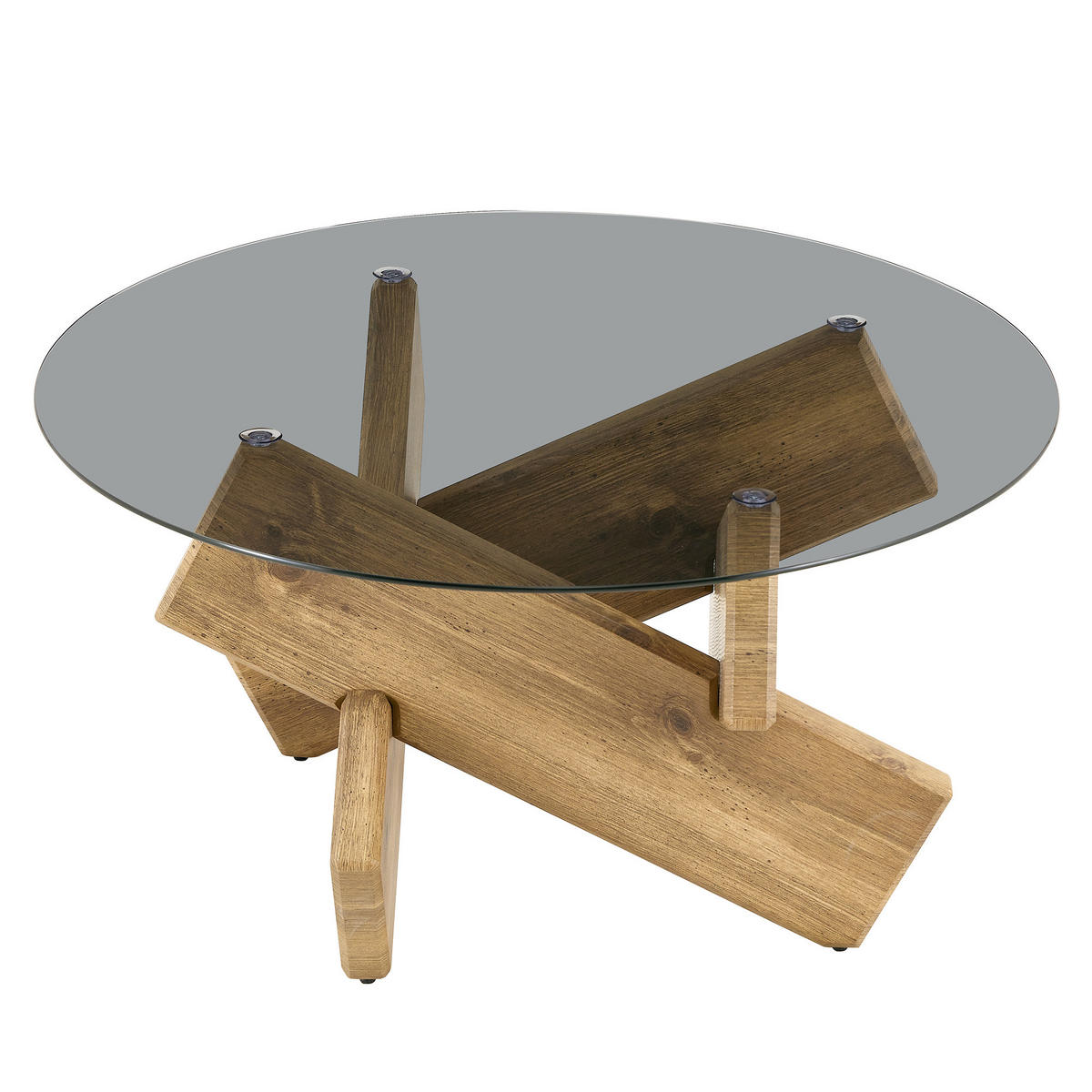 COUCHTISCH DE-37370 rund mit Glasplatte und skulpturalem Sockel Holz - Naturfarben, Holzwerkstoff (79/79/45cm) - ComfortXL