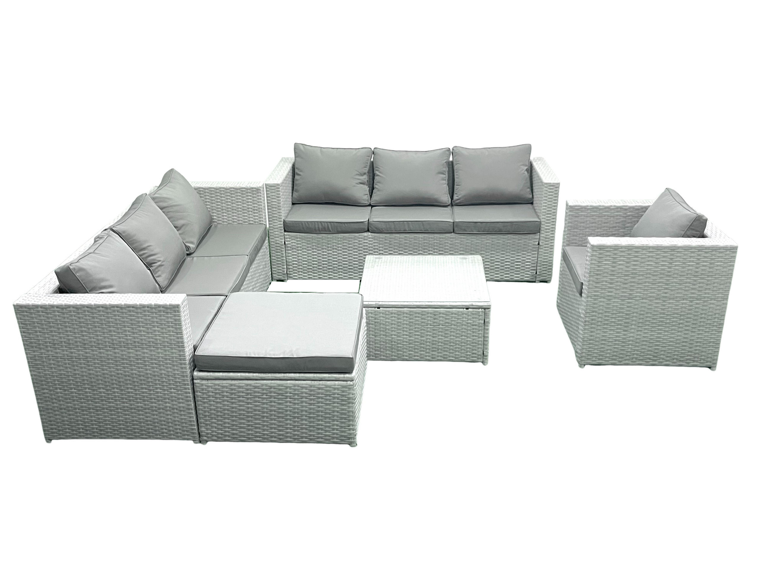 GARTENMÖBEL-SET mit Kissen Polyrattan Hellgrau-Mix 8-Sitzer - Hellgrau/Grau, Glas/Kunststoff - Fimous