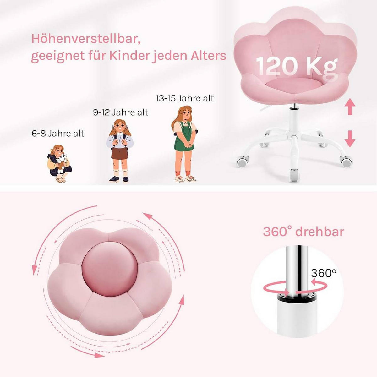 DREHSTUHL Kinder, blumenförmig, Samt, Hellrosa - Hellrosa/Weiß, Kunststoff/Textil (62/71/51cm) - Woltu