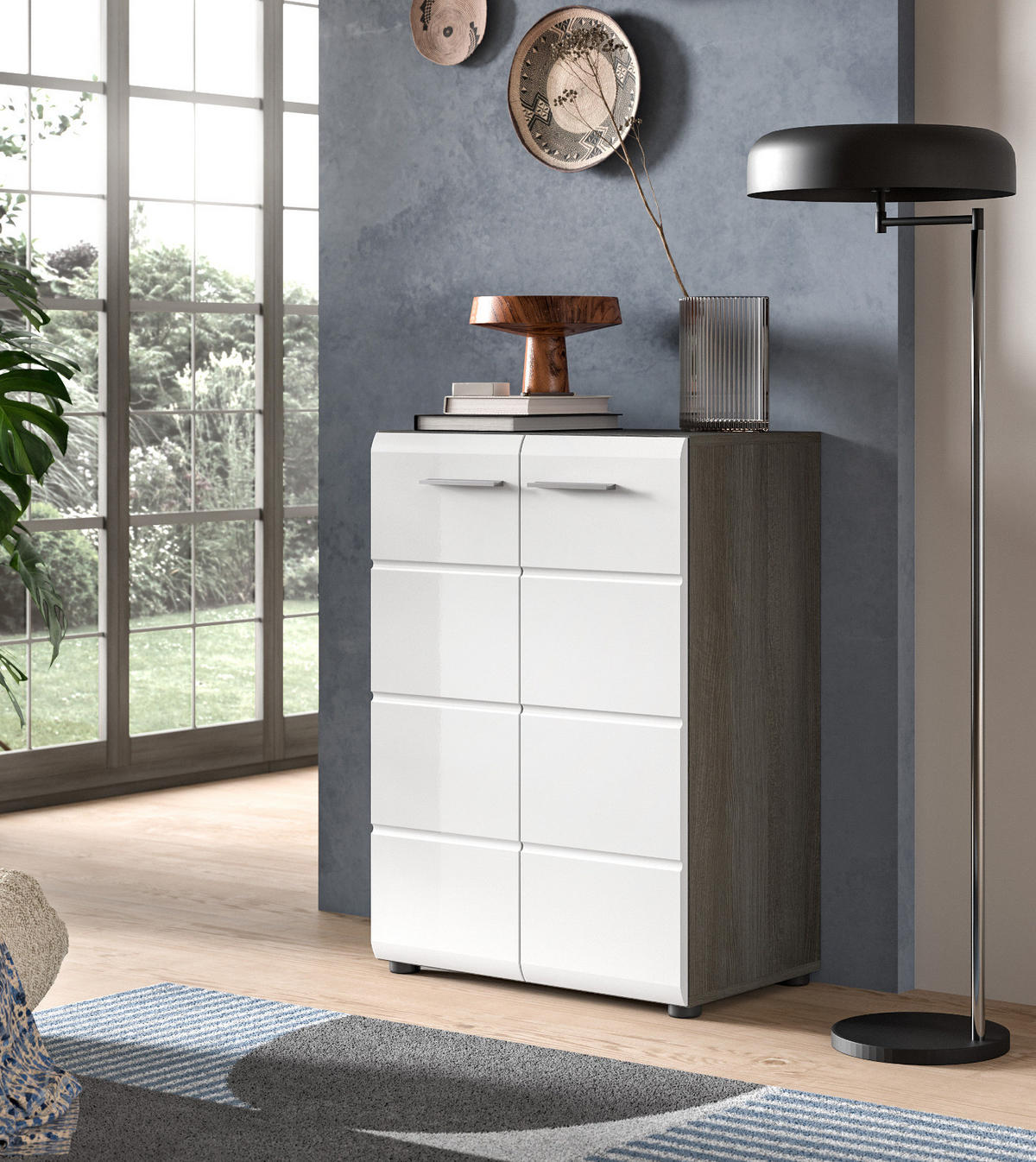 KOMMODE weiß Hochglanz, grau 60 cm, Sideboard mit Rillenoptik - Weiß Hochglanz/Silberfarben, Holzwerkstoff/Kunststoff (60/85/37cm) - Inn.Furn