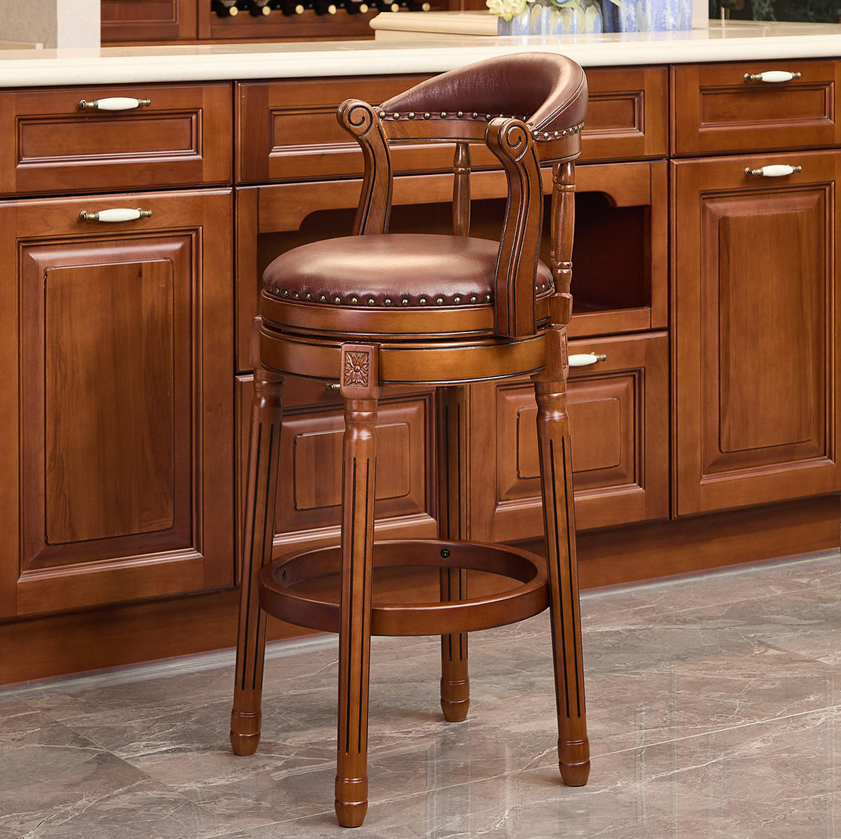 BARHOCKER drehbar mit Rückenlehne Sitzhöhe 75 cm Echtleder Braun Holz - Braun, Holz (54.8/96/54.81cm) - Meubliv