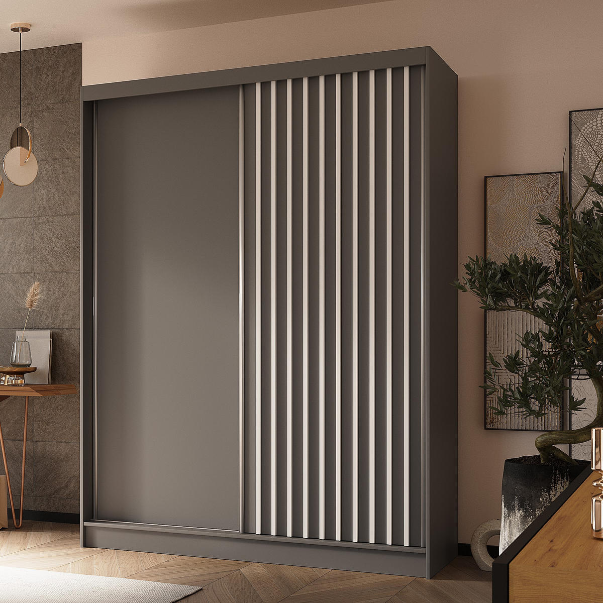 SCHWEBETÜRENSCHRANK LAMELLO 160/216/61 cm 2-türig Grau - Grau, Holzwerkstoff (160/216/61cm) - MASSENO