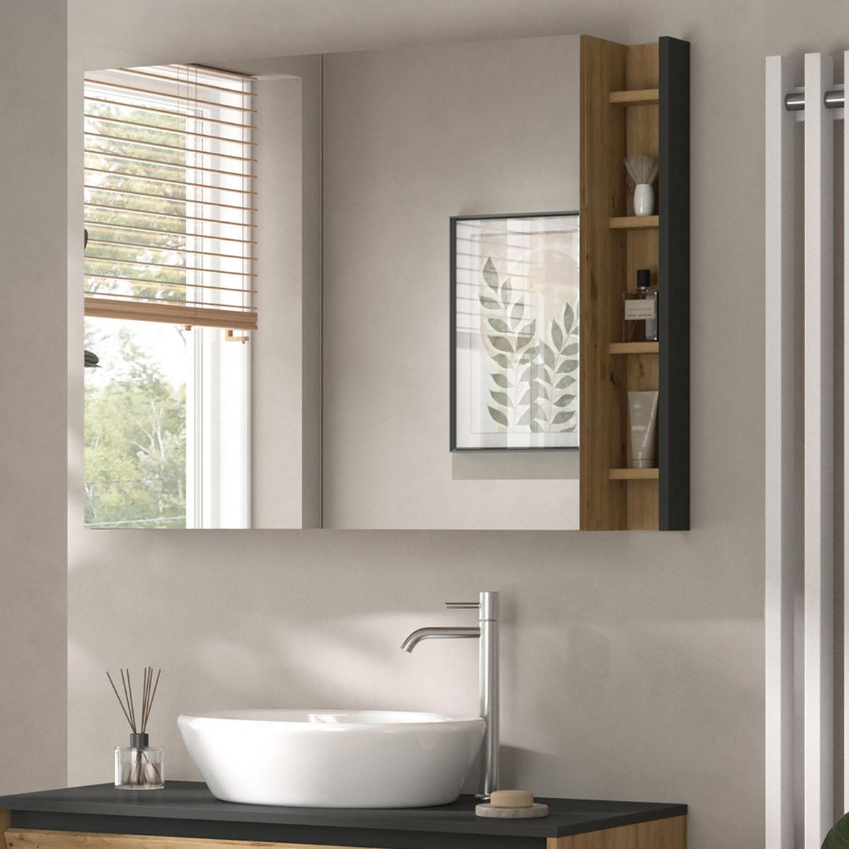 BADSPIEGELSCHRANK Edelin Anthrazit/Artisan 100 x 75 cm mit Regalen - Anthrazit/Eiche Artisan, Holzwerkstoff (100/75/18cm) - Vicco