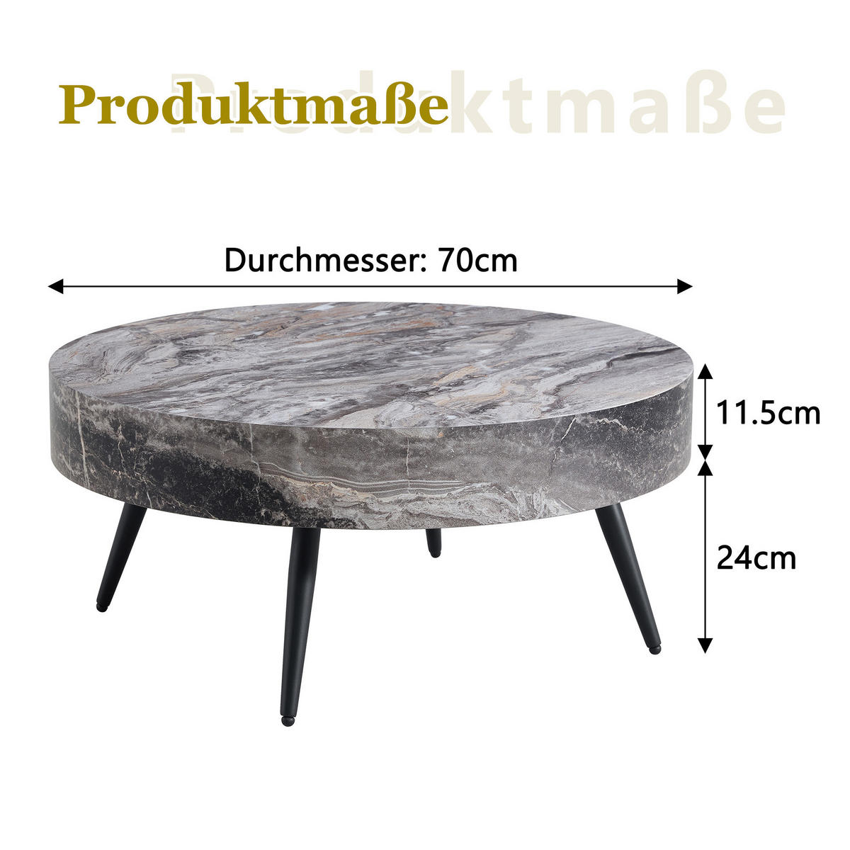 KONFERENČNÍ stolek, Ø 70/35,5 cm, MDF v šedé mramorové optice, černé kovové nohy - černá, kompozitní dřevo (70/70/35.5cm) - BEAOK