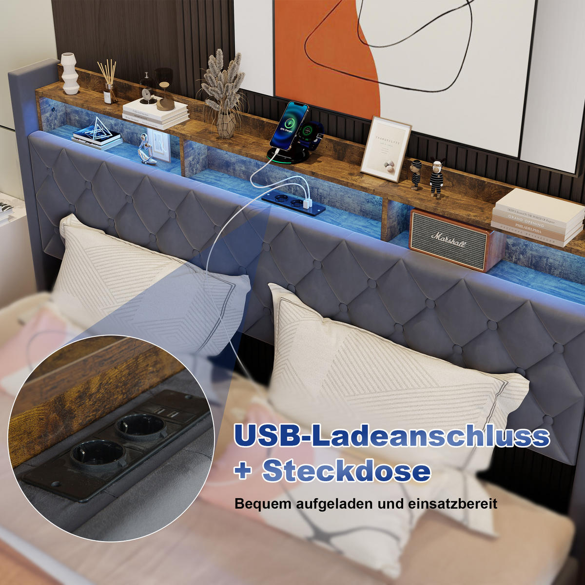 POLSTERBETT 180/200 cm Beige mit LED-Lichtleiste und USB-Anschlüssen - Beige, Holzwerkstoff (180/200cm) - OKWISH