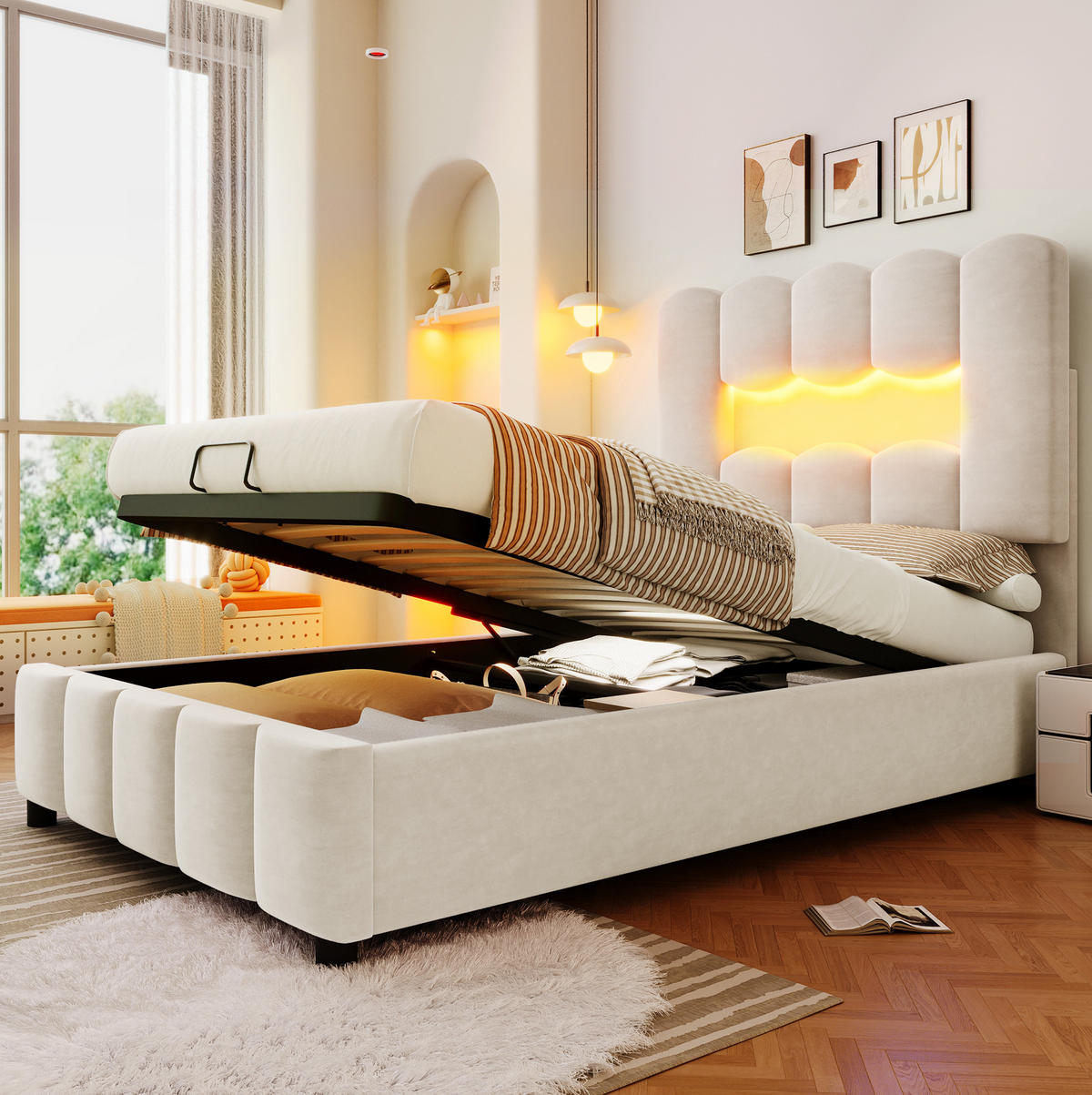 ČALÚNENÁ posteľ zo zamatu a MDF 90x200 cm béžová s LED osvetlením, úložným priestorom a nastaviteľným čelom - béžová, textil (90/200cm) - Modfu