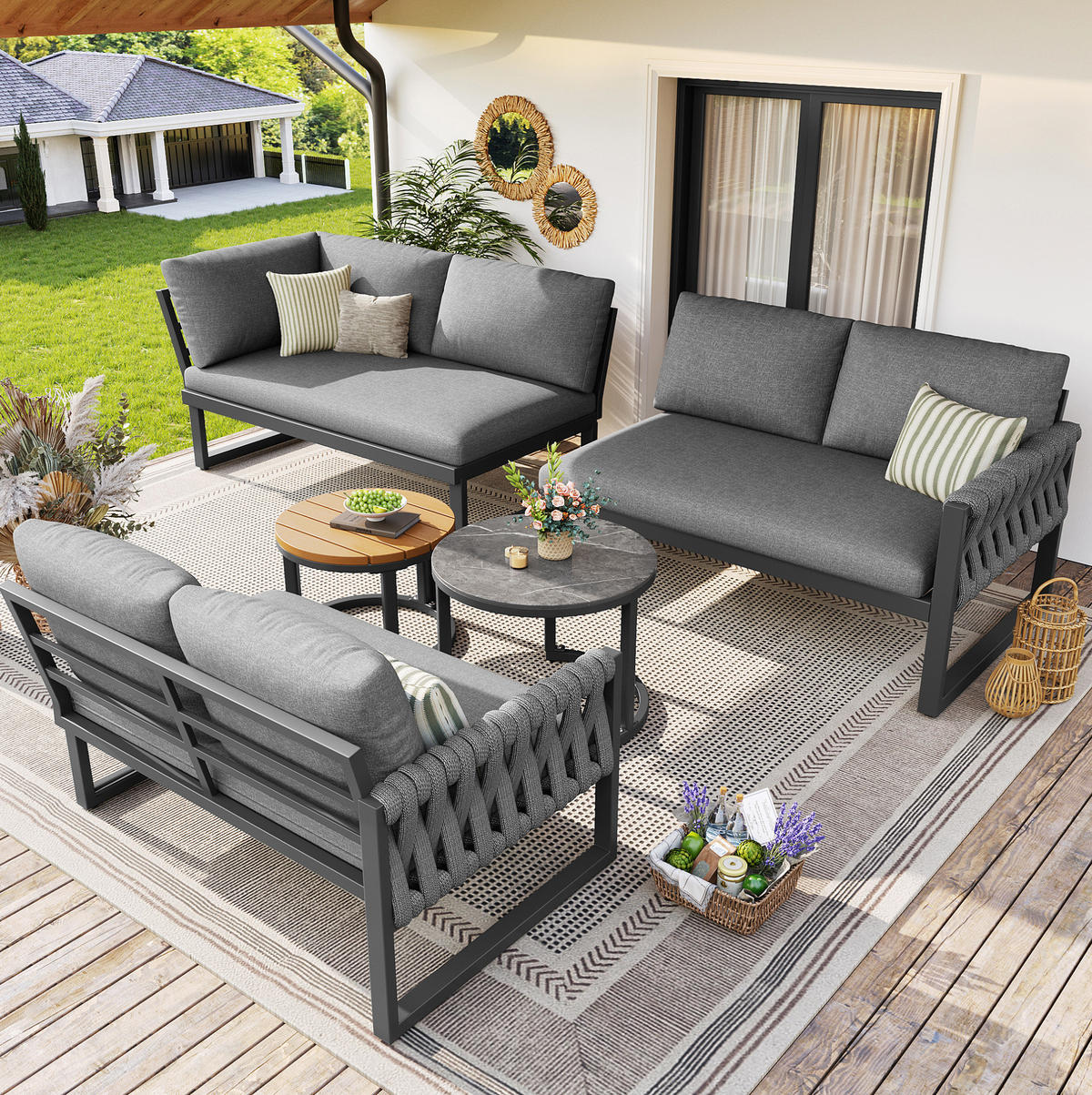 GARTENLOUNGE-SET 123/68/86 cm mit modularer Kombination, verstellbaren Tischbeinen und abnehmbaren Olefin-Bezügen, Grau - Grau, Metall - Redom