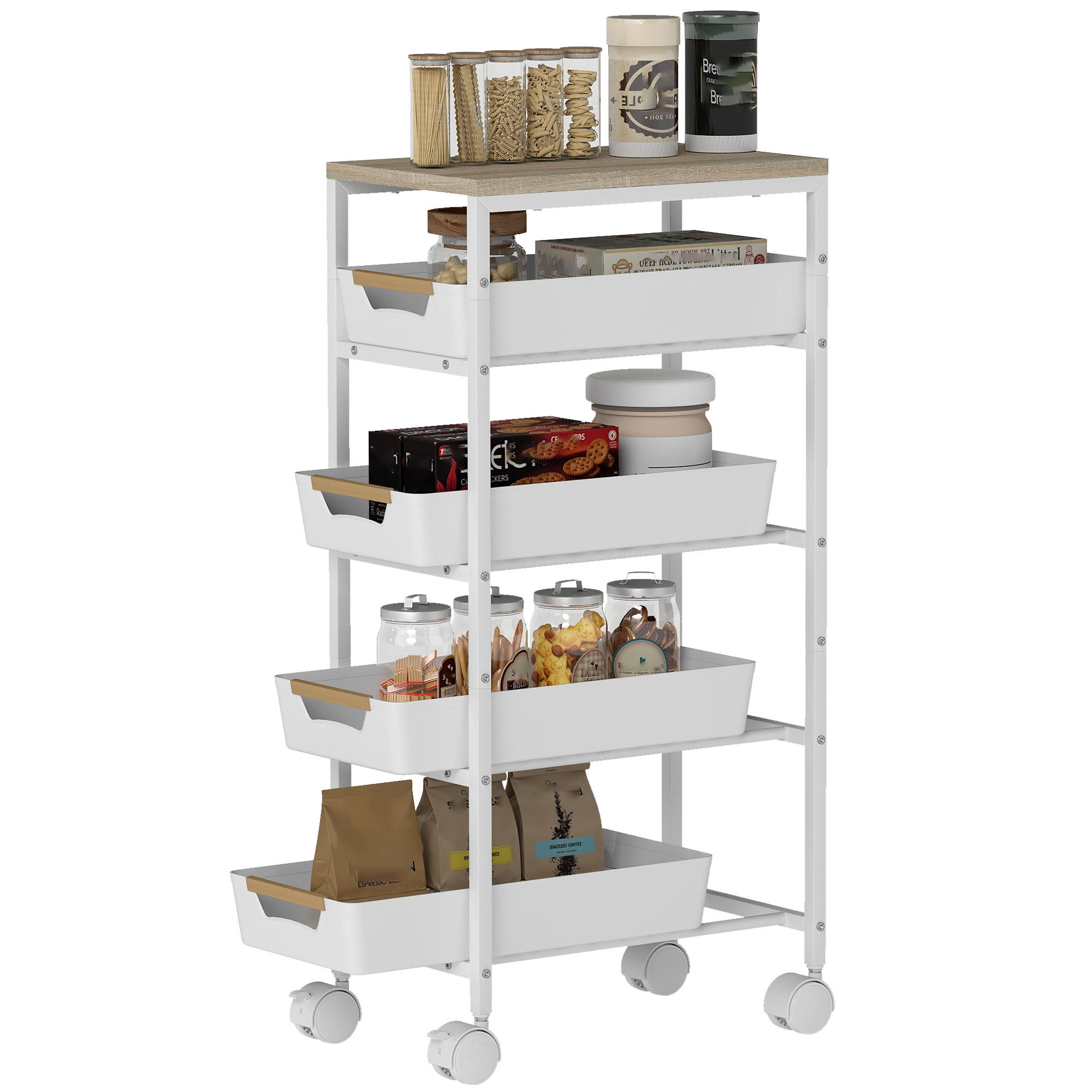KÜCHENWAGEN, 5-stöckiger Wagen mit 4 Körben, 39,5 x 24 x 82 cm, Weiß Eiche - Multicolor, Metall (39.5/82/24cm) - FORIOUS