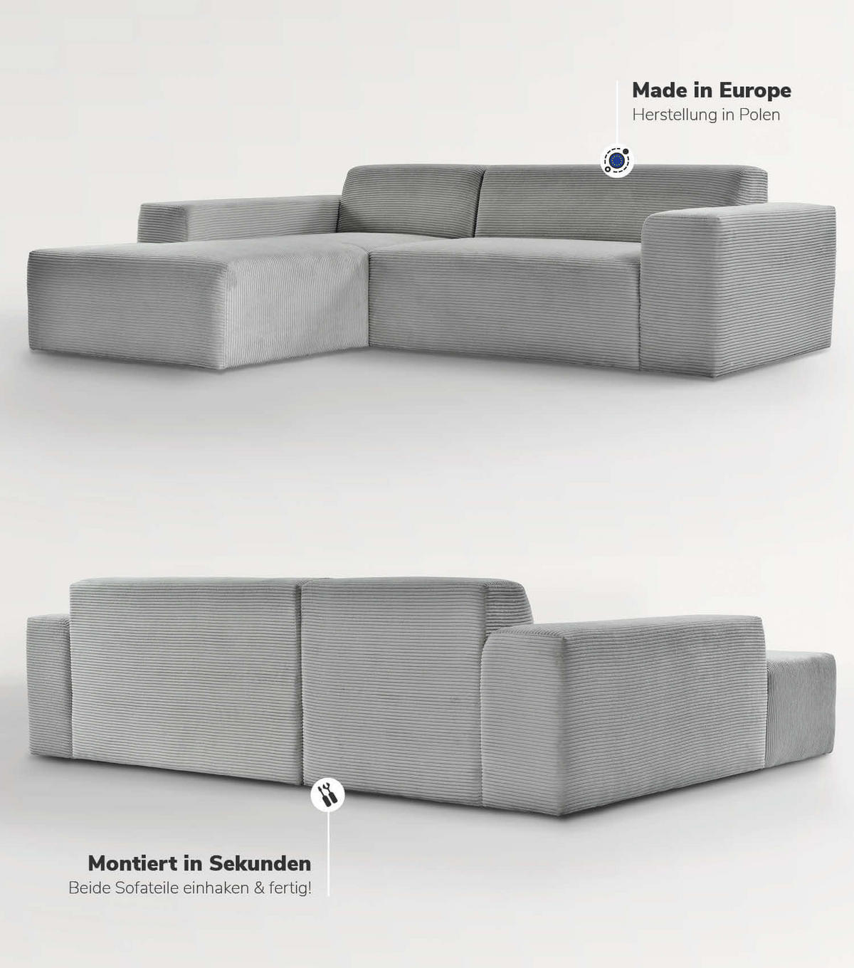 ECKSOFA Die Lässige Recamiere links - Grau, Textil (253/188cm) - Mokebo