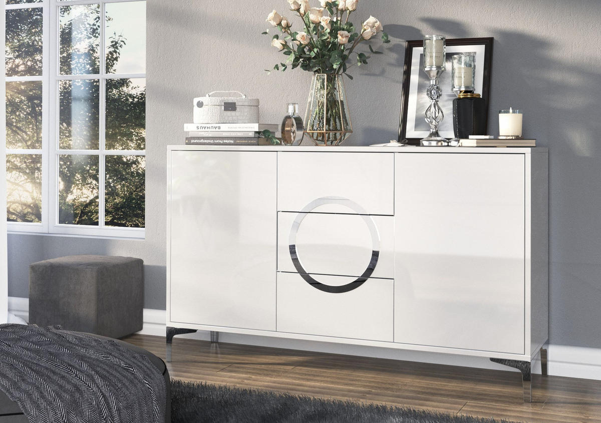 SIDEBOARD Eva, Weiß, Silberne Akzente, Hochglanz - Weiß Hochglanz/Silberfarben, Holzwerkstoff/Metall (138/83/38cm) - Kayani