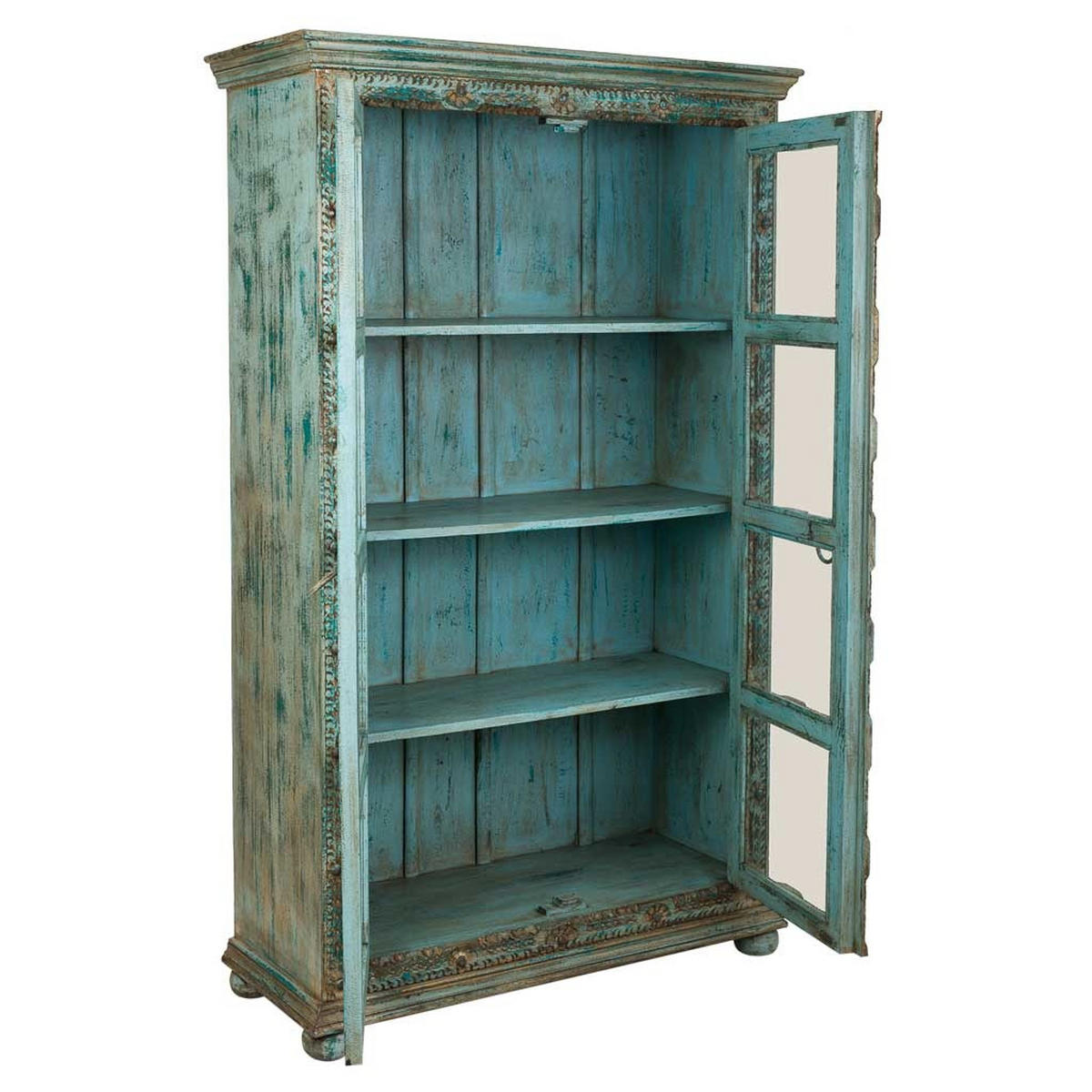 VITRINE aus geschnitztem Holz, 106x43x180 blau - Multicolor, Holz (106/180/43cm) - Wanderlust