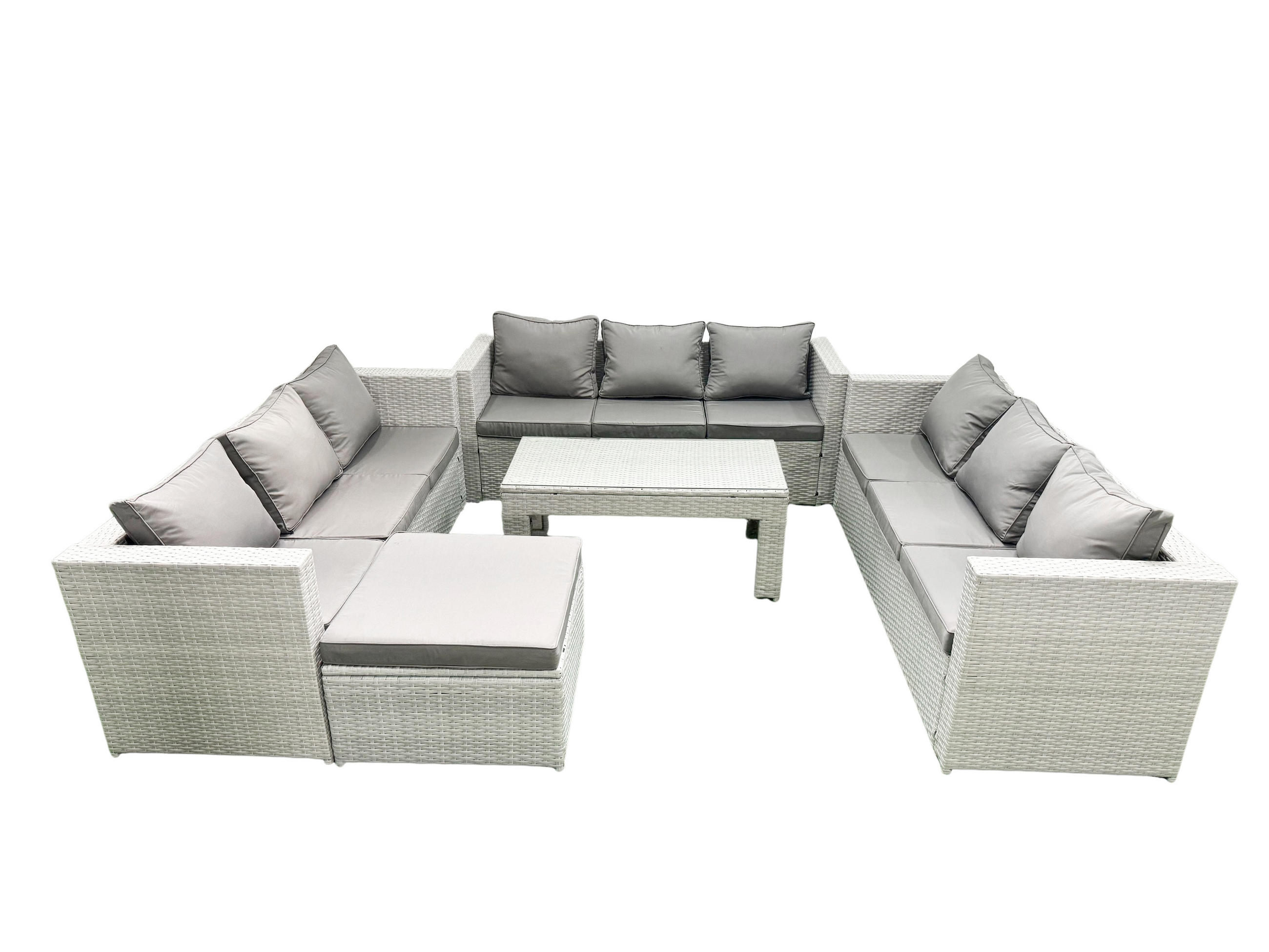 BALKONMÖBEL-SET Polyrattan Hellgrau-Mix 10-teilig - Hellgrau/Grau, Glas/Kunststoff - Fimous