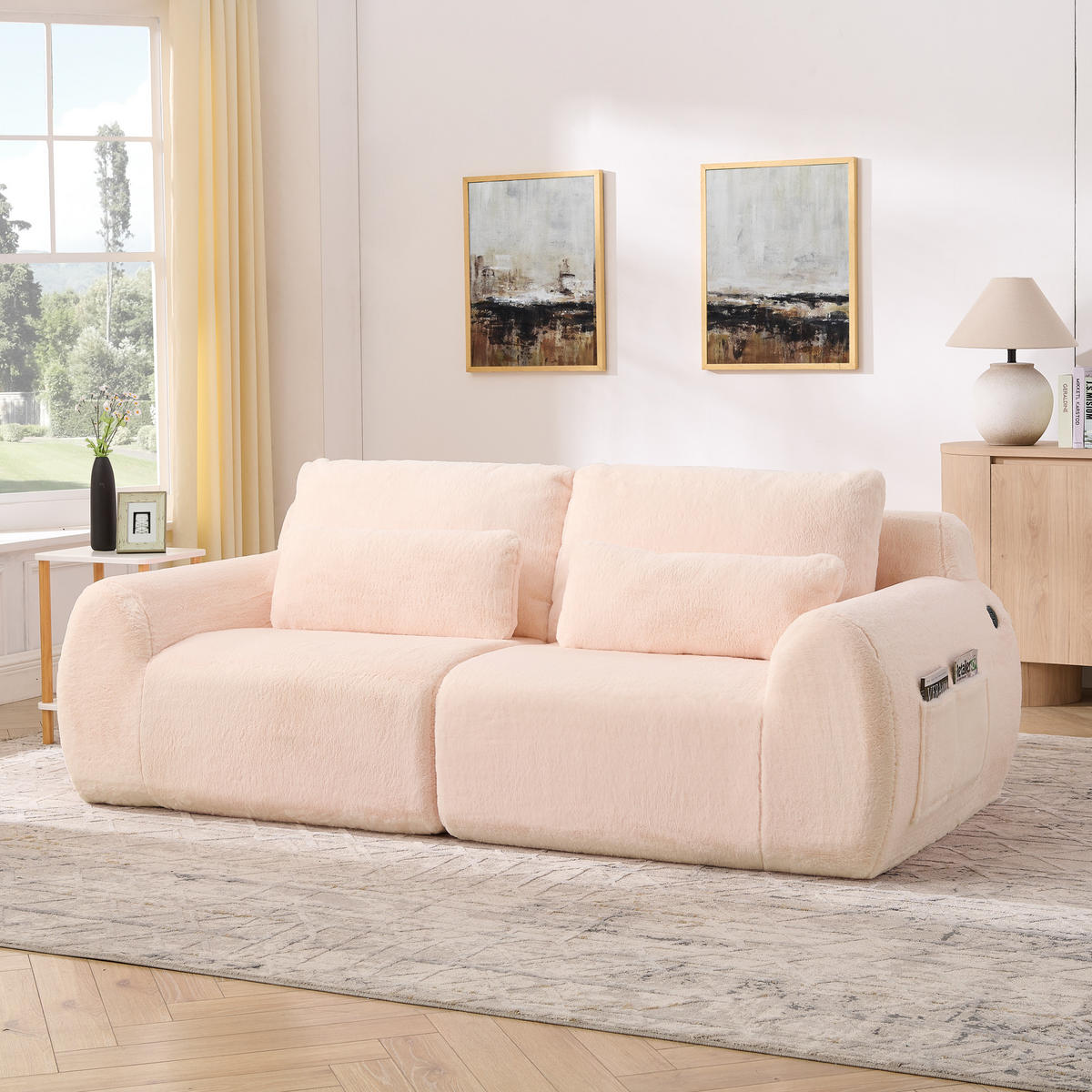 2-SITZER SOFA Kaninchenstil-Kunstfell Pink mit USB und Magazintasche - Rosa, Textil (208/81/101cm) - WISHDOR