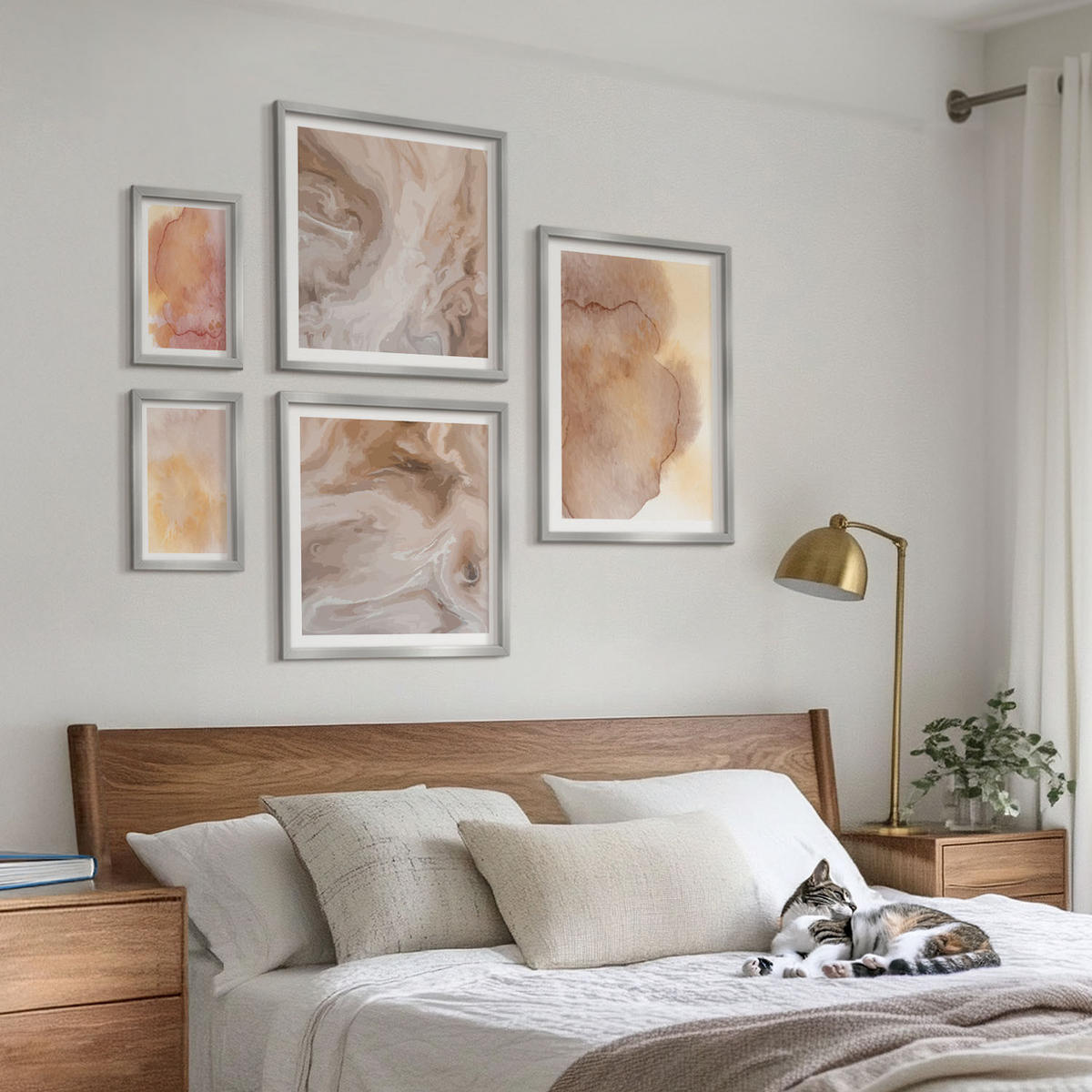 BILDER SET 5er Set - 50x50 cm & 20x30 cm & 40x60 cm Silberner Rahmen - Warme Aquarellfarben auf Leinwand - Silberfarben, Kunststoff (40/60cm) - TULUP