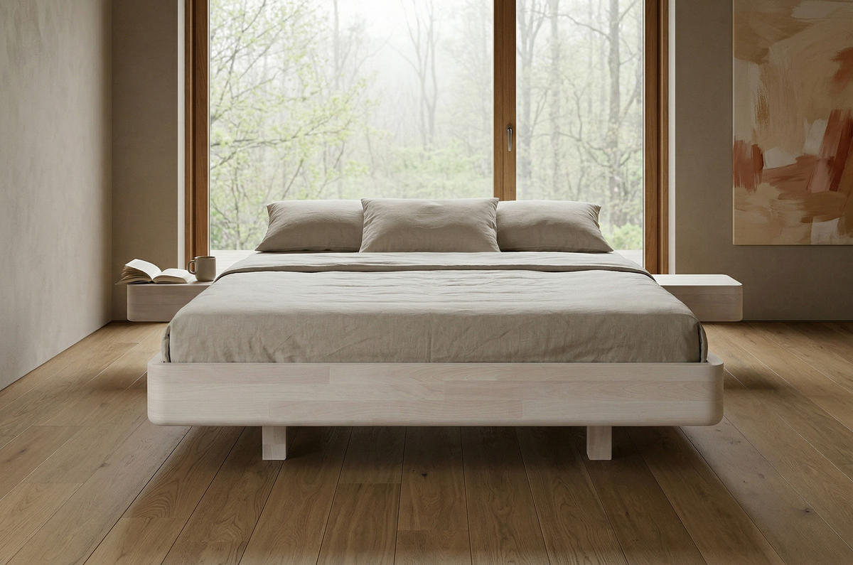 MASSIVHOLZBETT Lena Flat mit 2 Nachttischen, 180/200, Buche - lackiert, Weiß - Weiß, Holz/Buchenholz (180/200cm) - Visby