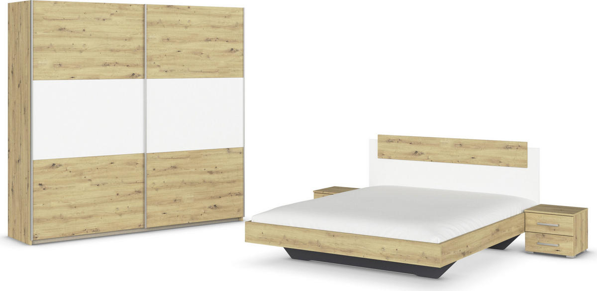 SCHLAFZIMMER Borba in Eiche und Weiß 4 teilig – mit Bettanlage 160x200cm, zwei Nachttisch und Schwebetürenschrank 218cm Breite - Braun, Holzwerkstoff (80/200/120cm)