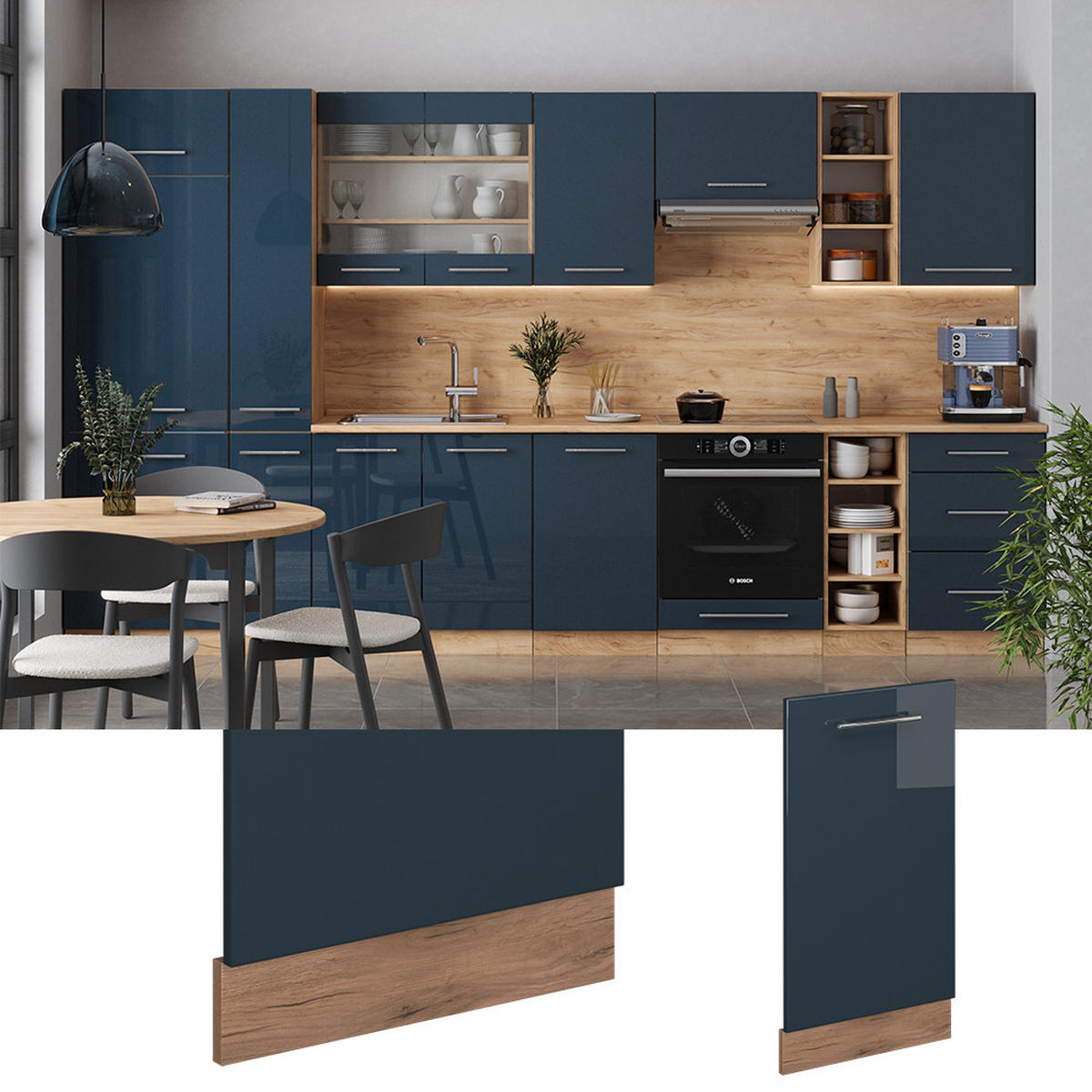 ČELNÍ PANEL MYČKY Fame-Line Tmavě modrá s vysokým leskem - medově dubová/tmavě modrá, kompozitní dřevo (45/81.8/1.6cm) - Vicco