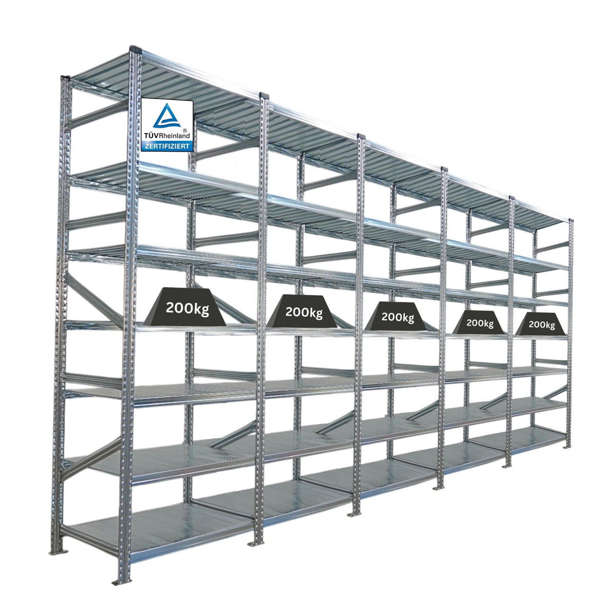 FACHBODENREGAL Proximo Stecksystem 250x450x60cm 7 Ebenen Beidseitig nutzbar Verzinkt - Silberfarben, Metall (450/250/60cm) - PROREGAL