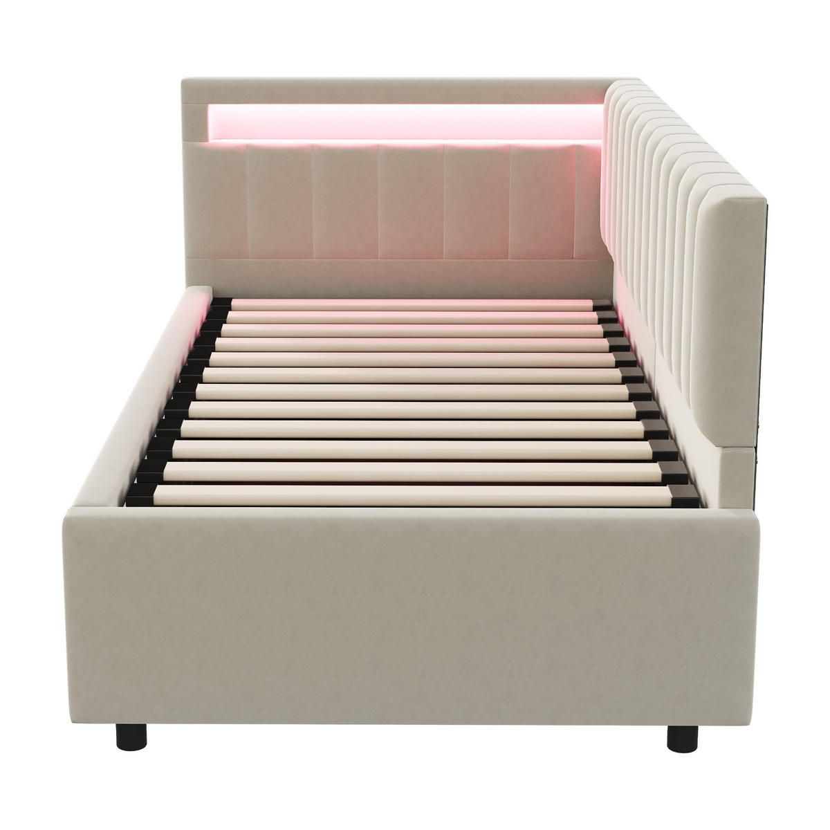 STAURRAUMBETT 90/200 cm DE-01966, in Beige, mit LED, Hydraulik und Streifendesign - Beige, Holzwerkstoff (90/200cm) - ComfortXL
