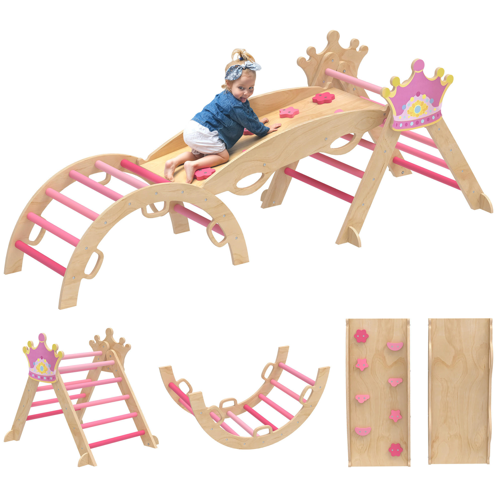 KLETTERGERÜST 8-in-1 DE-09863 mit Rutsche, Rampe und Bogen Holz - Pink, Holz (42/38/80cm) - ComfortXL