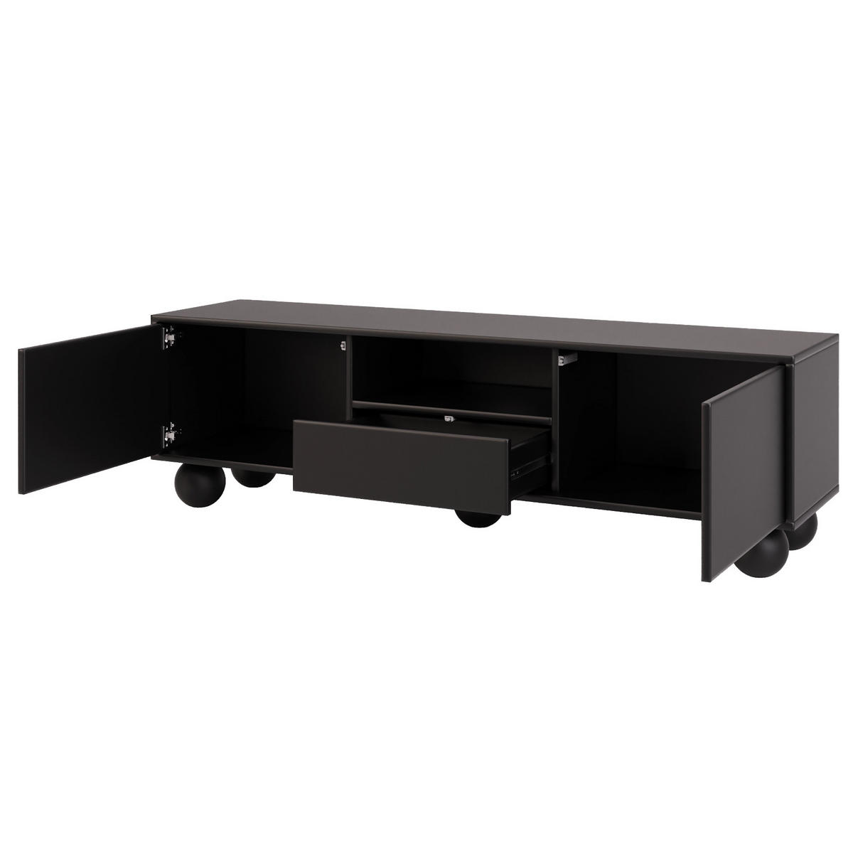 LOWBOARD Adel mit 2 Türen 1 Schublade und runden Füßen, 154 cm, Griffloss, Schwarz - Schwarz, Holzwerkstoff (154/46/38cm) - Beautysofa