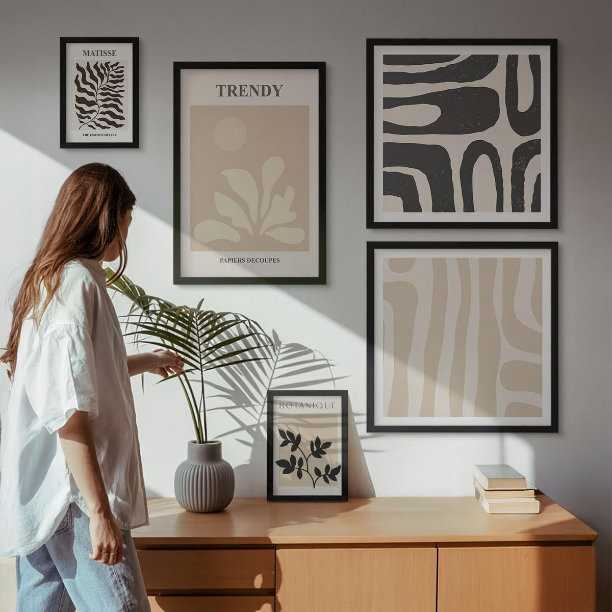 WANDBILDER 5er-Set - 50x50 cm & 20x30 cm & 40x60 cm Schwarzer Rahmen - Stilvolle Pflanzenmuster in Beige und Schwarz - Schwarz, Kunststoff (40/60cm) - ArtPrintCave