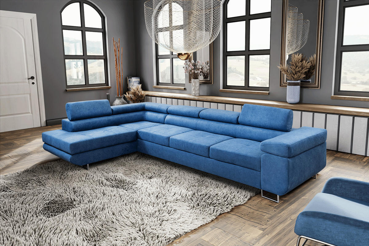 ECKSOFA Marlene IV L-Form mit verstellbaren Kopfstützen Schlaffunktion Bettkasten 347 cm links blau - Blau, Kunststoff (347/202cm) - Margaret Hadas24