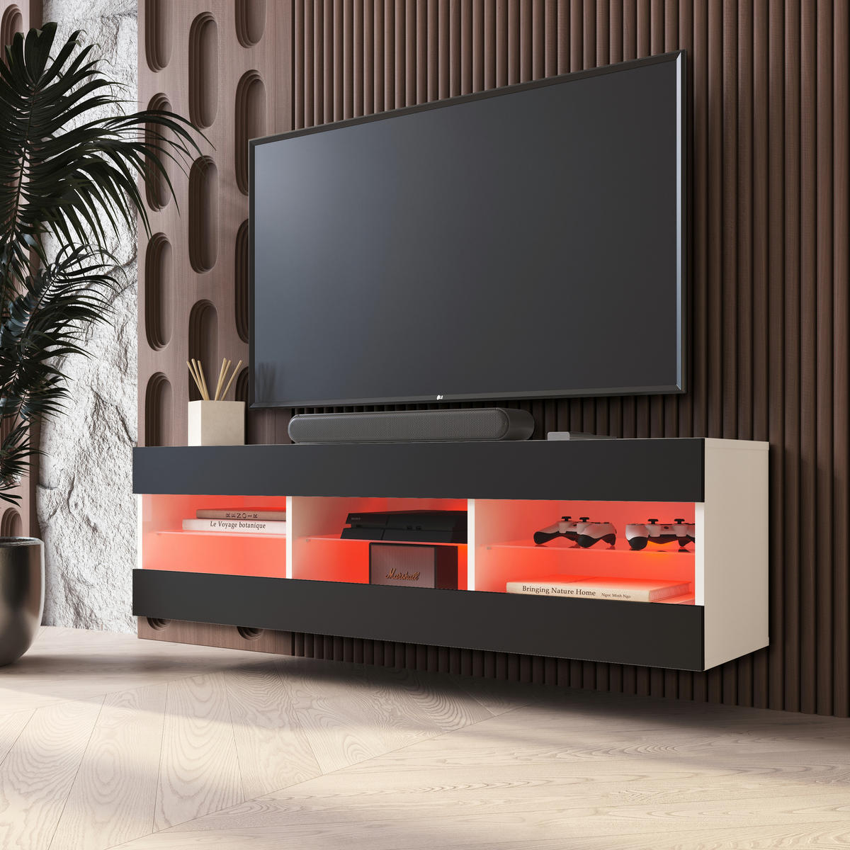 LOWBOARD TIVOLI RTV 140, Schwarz, LED Mehrfarbige - Schwarz/Weiß, Glas/Holzwerkstoff (140/40.5/35.5cm) - Komodee