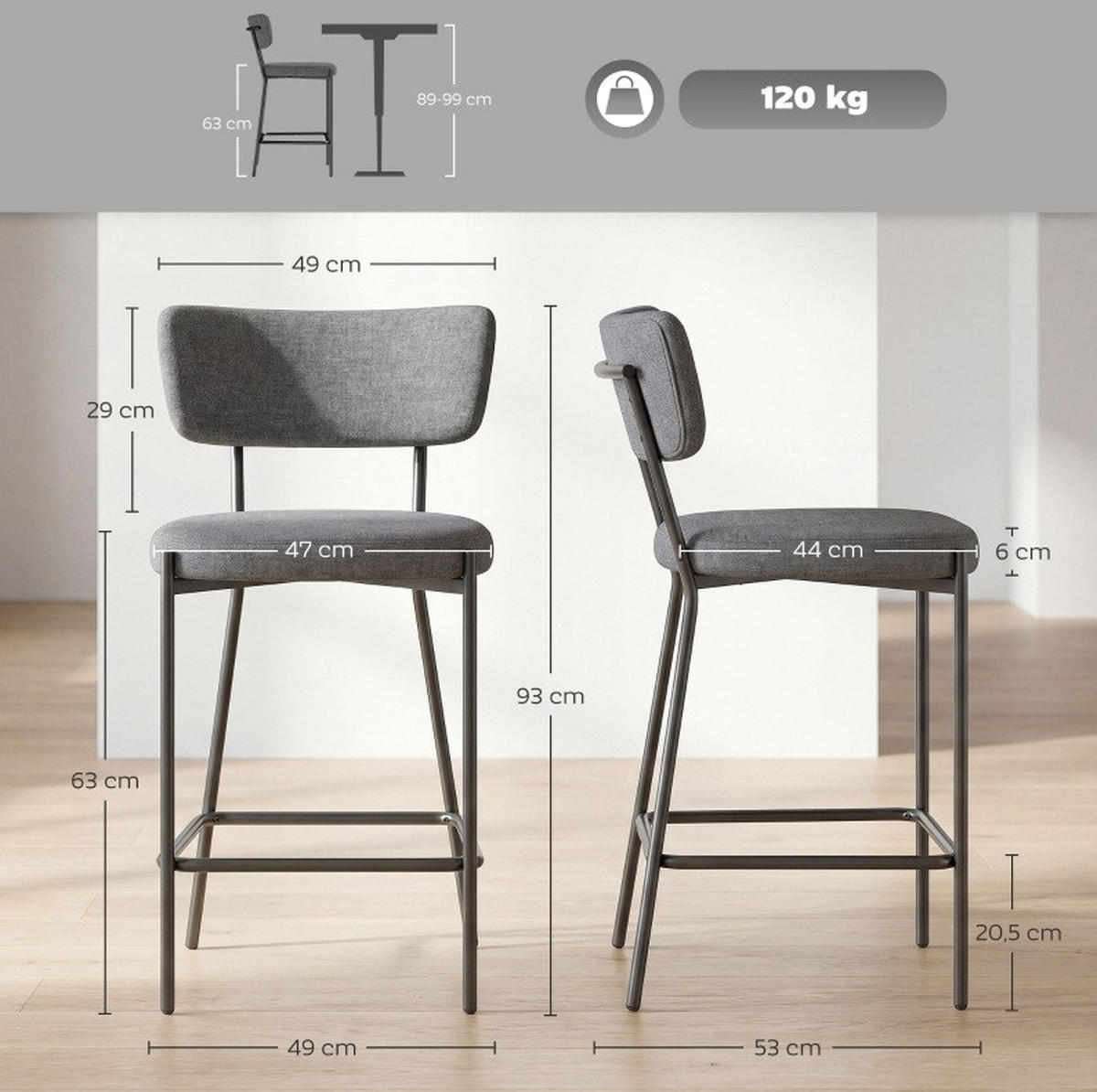 BARHOCKER 2er-Set mit Rückenlehne 49 x 53 x 93 cm Polyester Gray - Grau, Metall (49/93/53cm) - Meubliv