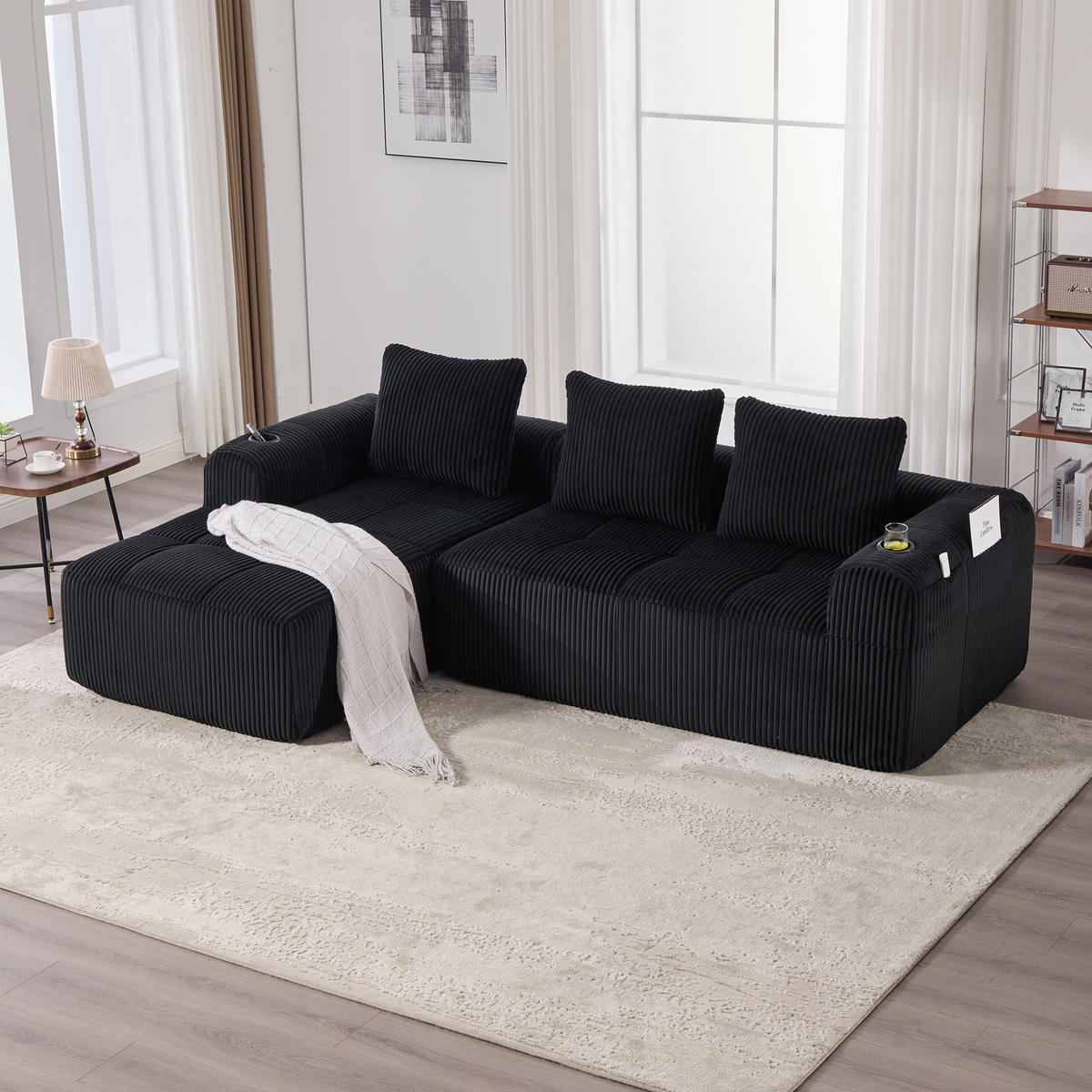 ECKSOFA Cord Schwarz mit Becherhaltern, Seitentaschen und mit Kissen - Schwarz, Textil (253/158cm) - WISHDOR