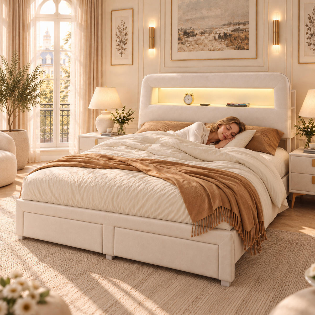 POLSTERBETT 140/200 cm mit Ablagekopfteil, LED-Beleuchtung, USB-Anschluss, Seitenablagen und zwei Unterbettschubladen - Beige, Holz/Metall (140/200cm) - Joyfair