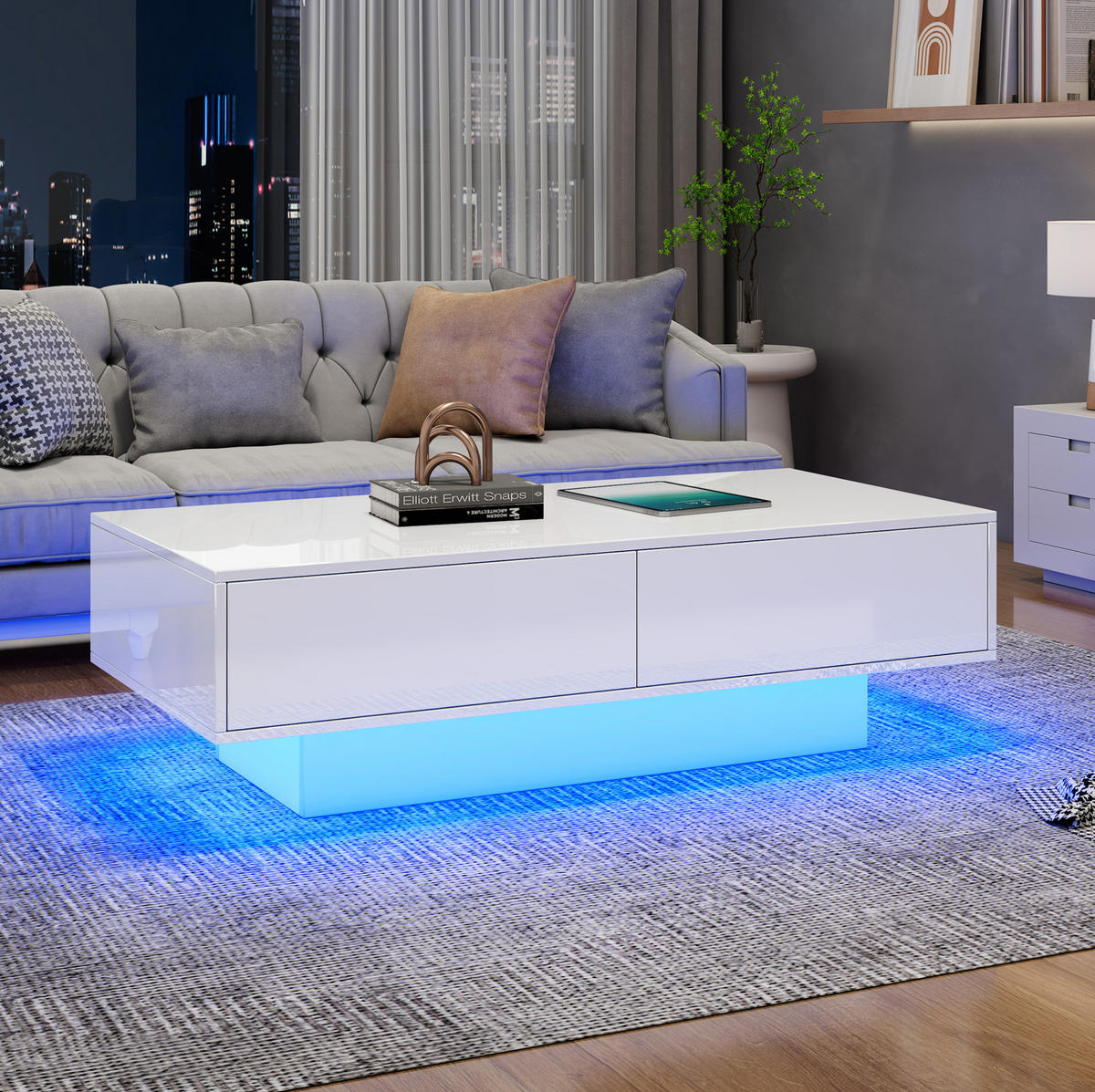 COUCHTISCH 115/55/34 cm in Weiß aus Spanplatte mit LED-Beleuchtung und 2 Schubladen - Weiß, Holzwerkstoff (115/55/34cm) - OKMYHOME