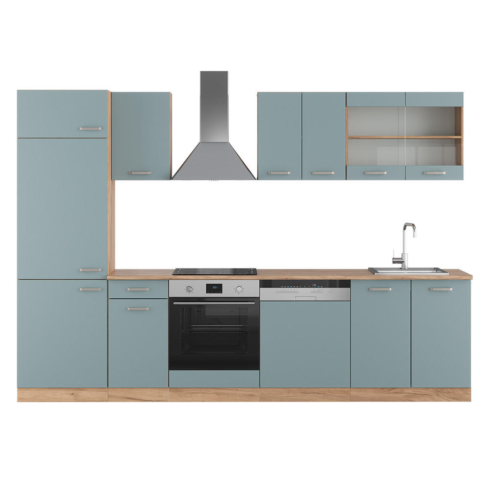 KÜCHENZEILE R-Line Blau-Grau/Goldkraft Eiche 300 cm ohne AP - Eiche Wotan/Blaugrau, Holzwerkstoff (300/81.6/46cm) - Vicco