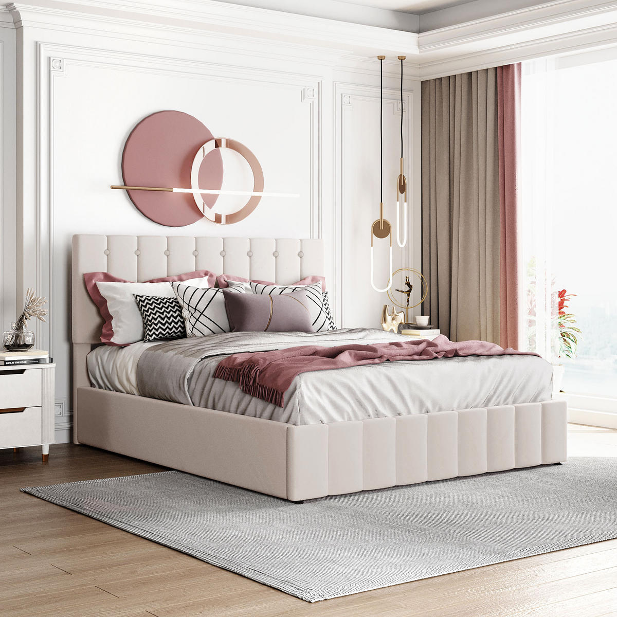 POLSTERBETT 140/200 cm Cremeweiß mit hydraulischem Bettkasten und höhenverstellbarem Kopfteil - Creme, Textil (140/200cm) - OKWISH