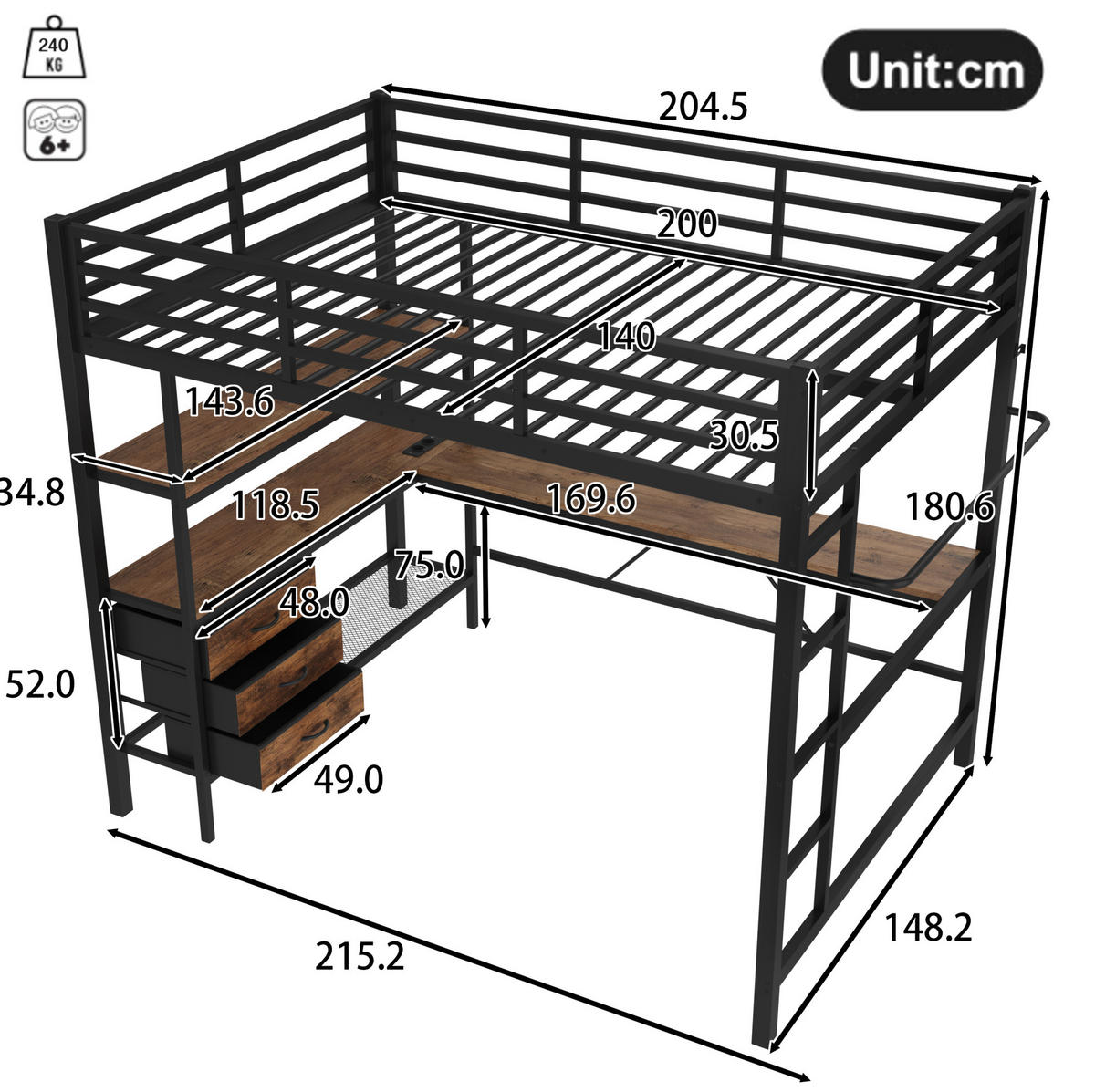 HOCHBETT 140/200 cm Schwarz aus Metall und MDF mit Schreibtisch und LED-Beleuchtung - Schwarz, Metall (140/200cm) - OKMYHOME