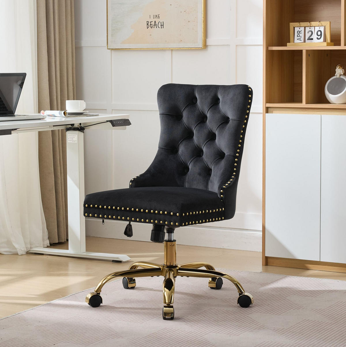 BÜROSTUHL Samt Schwarz mit goldfarbenem Metallgestell - Schwarz, Metall (50/98/63cm) - Meubliv