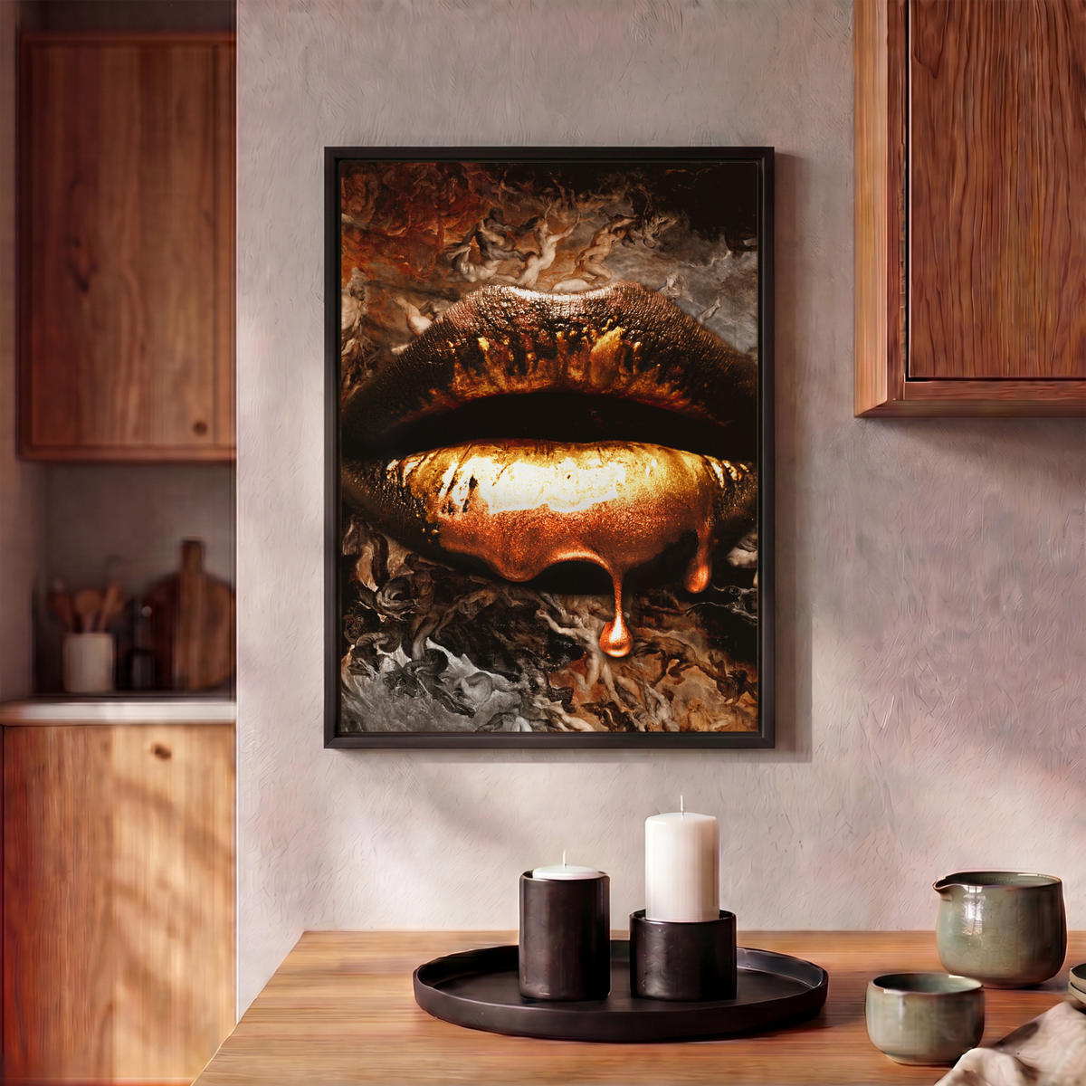LEINWAND Bilder mit Rahmen - Gold - Lippen - Kunst - Gold - Luxus - Abstrakt - 30x40 - Kupferfarben, Textil (30/40cm) - MuchoWow