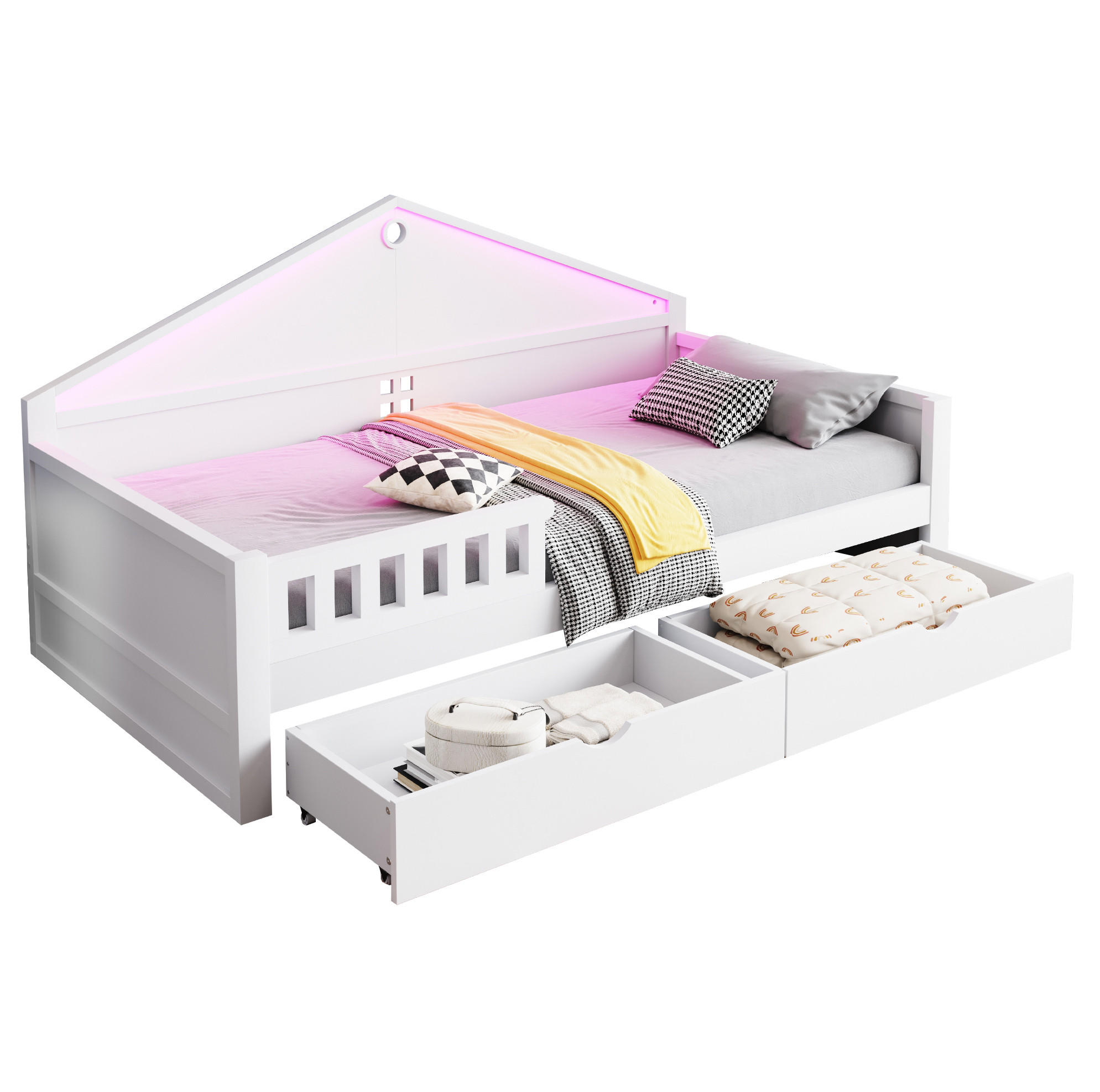 KINDERBETT 90/200 cm mit LED-Lichtleiste, 2 Schubladen und Lattenrost, Holzwerkstoff/MDF, Weiß - Weiß, Holzwerkstoff (90/200cm) - Redom