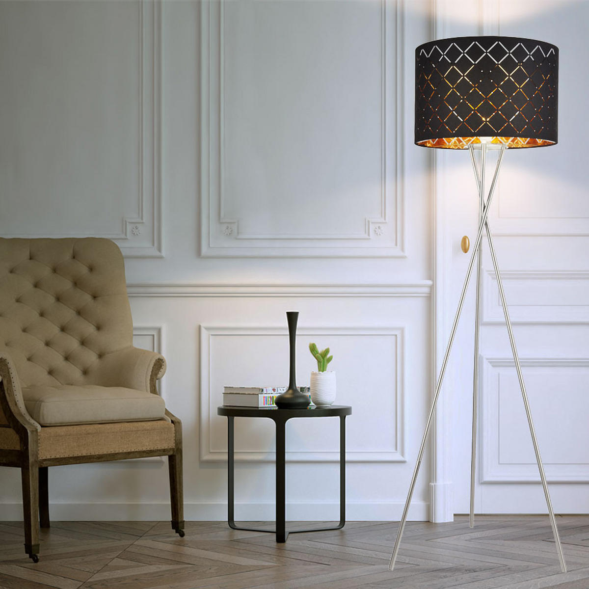 LED STEHLEUCHTE Metall Textil Schwarz Gold - Schwarz, Metall (62/62/160cm) - Globo Lighting