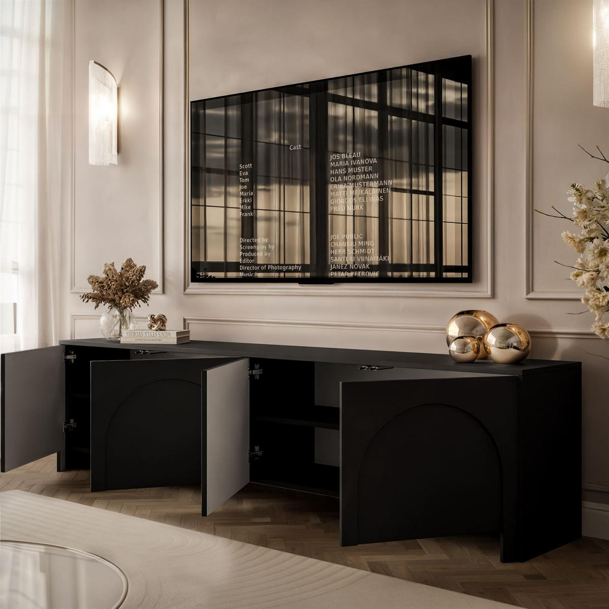 TV-ELEMENT ARIADNA schwarz viertürig - Schwarz, Holzwerkstoff (204/51/35cm)