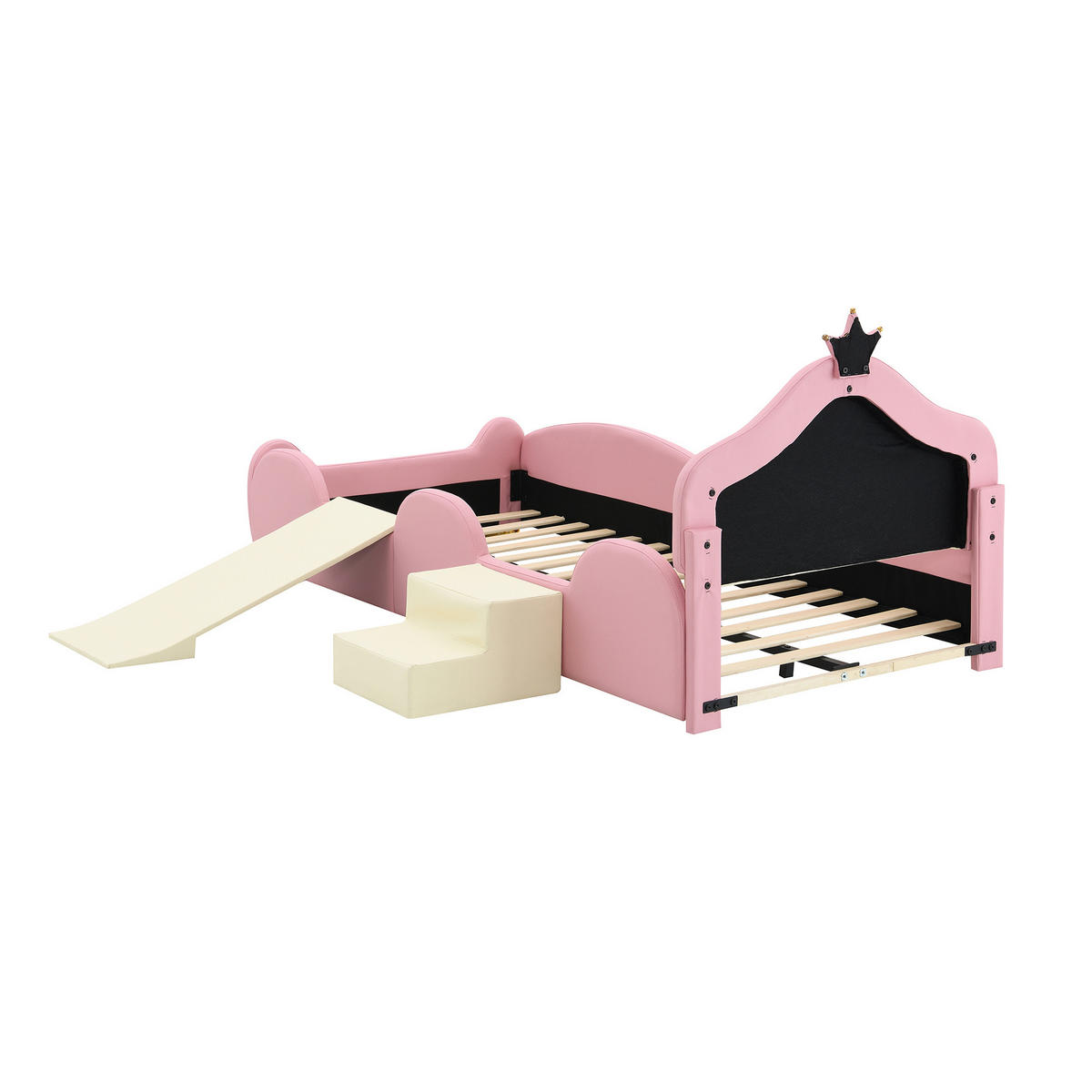 KINDERBETT 90/200 cm DE-02217, in Rosa, mit Krone, Rutsche und LED - Rosa, Holz (90/200cm) - ComfortXL