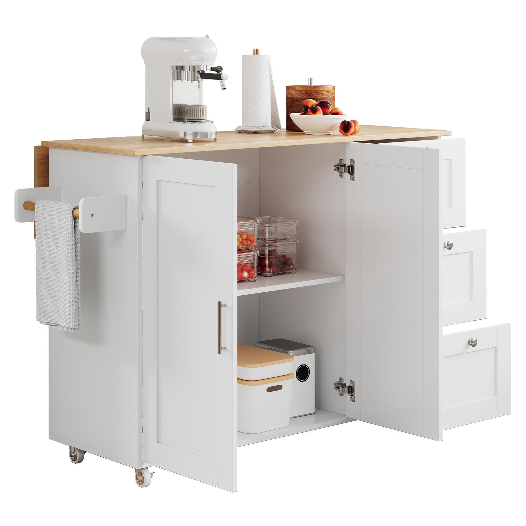 KÜCHENINSEL 135/44(70)/90 cm Weiß/Natur aus MDF mit Klappfunktion - Weiß, Holzwerkstoff (44/90/135cm) - OKMYHOME