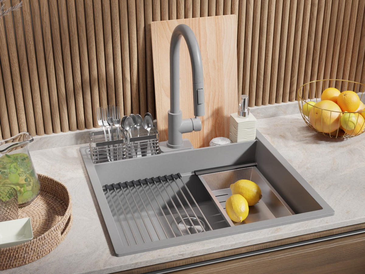 GRANITSPÜLE Bergen Pocket, 2-er set Grau 56/54 cm 1 Becken + Küchenarmatur 38/14 cm + Ablauf-Set + Küchenzubehörset ab 60er Unterschrank - Chromfarben/Beige, Kunststoff (56/20/54cm) - Primagran