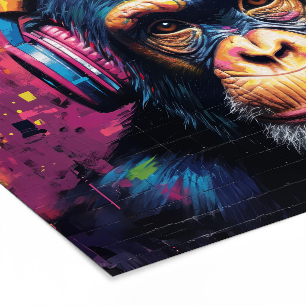 ZARÁMOVANÝ PLAGÁT Graffiti - Šimpanz - Street art - Slúchadlá - Opica 30x20 cm - modrá, papier (30/20cm) - MuchoWow
