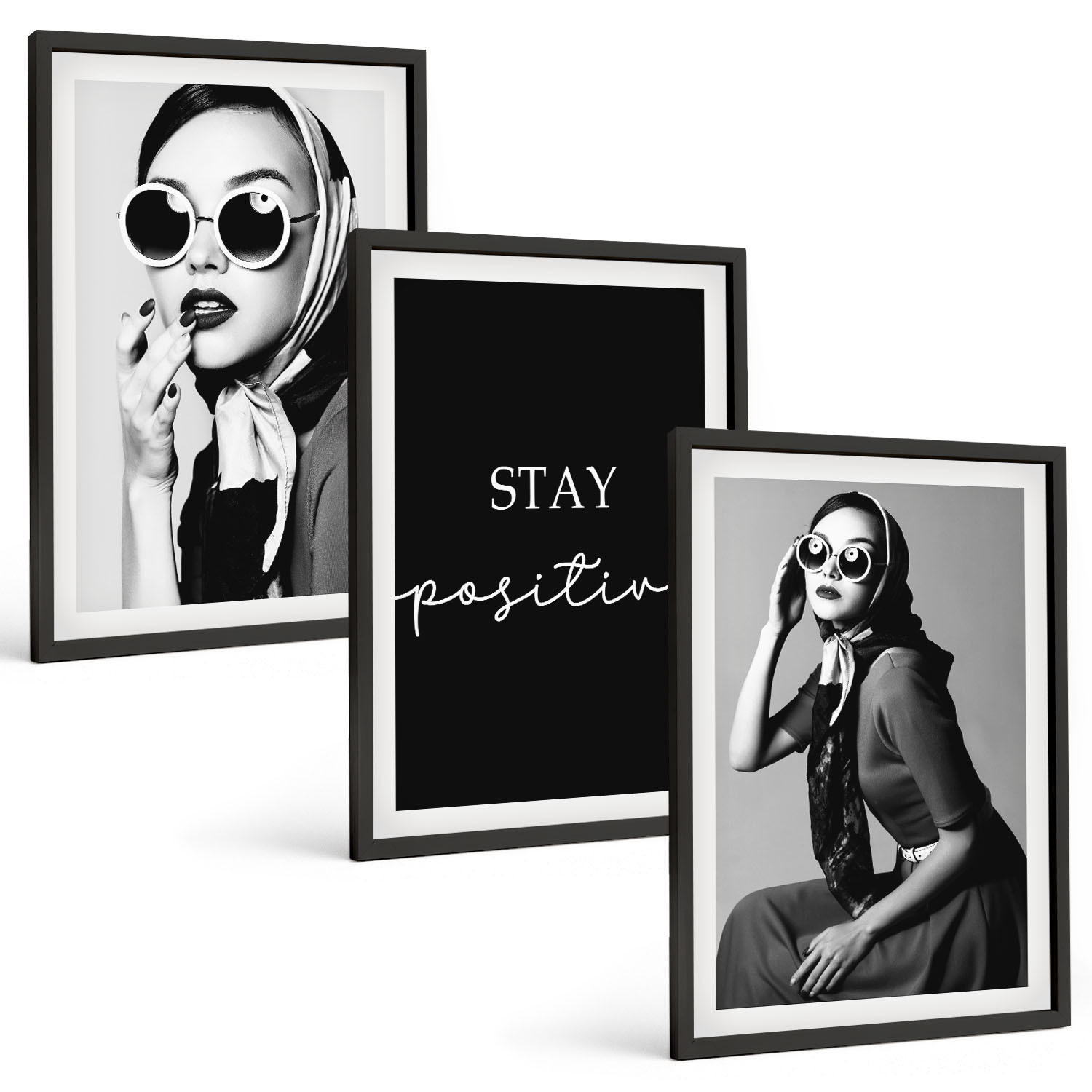 BILDER SET 3er Set - 40x60 cm Schwarzer Rahmen - Stilvolle Porträts von Frauen mit Brille - Schwarz, Kunststoff (40/60cm) - TULUP